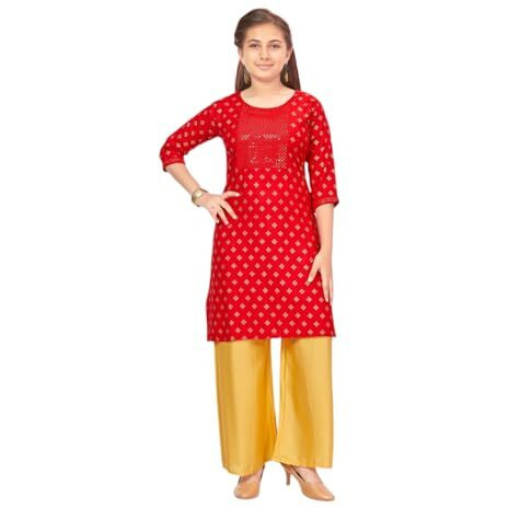 Aarika Girls Red-Fawnn Colour Embroidery Rayon Kurti Pallazo Set (Pl-K-Ap-1113-Red-Fawn-36)