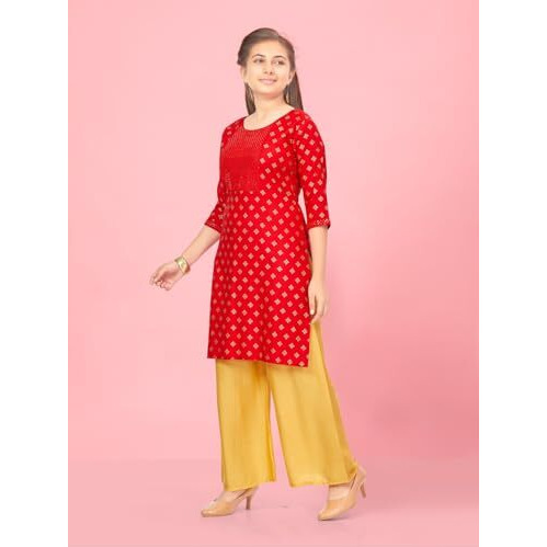 Aarika Girls Red-Fawnn Colour Embroidery Rayon Kurti Pallazo Set (Pl-K-Ap-1113-Red-Fawn-36)