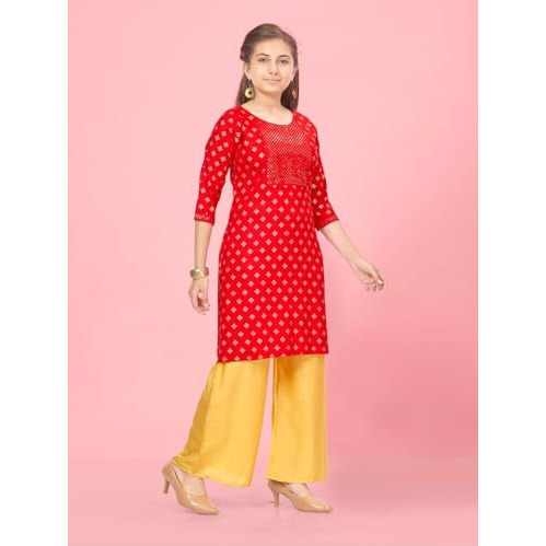 Aarika Girls Red-Fawnn Colour Embroidery Rayon Kurti Pallazo Set (Pl-K-Ap-1113-Red-Fawn-36)