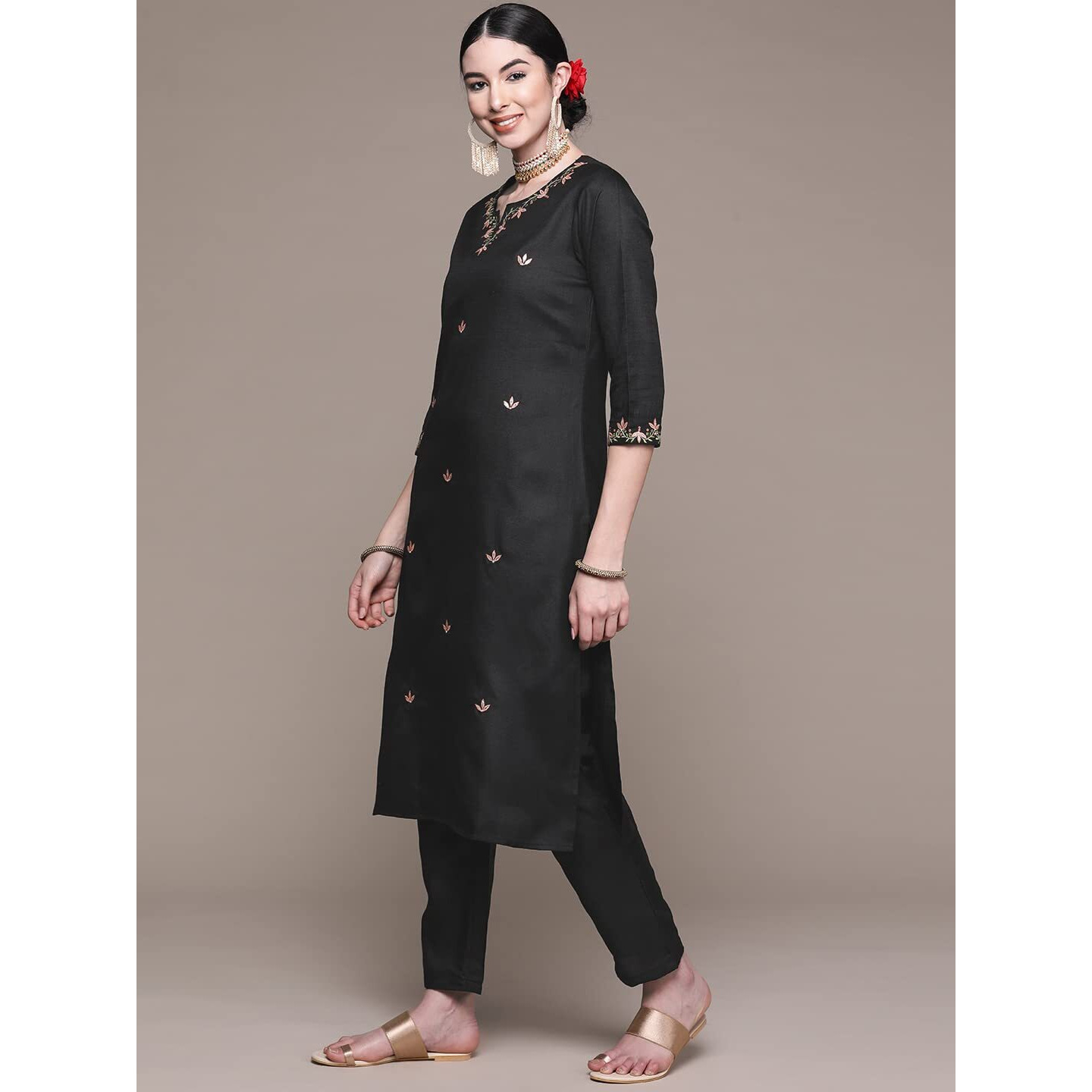 Anubhutee Women's Rayon Black Floral Embroidered Straight Kurta Suit Set With Pants And Dupatta