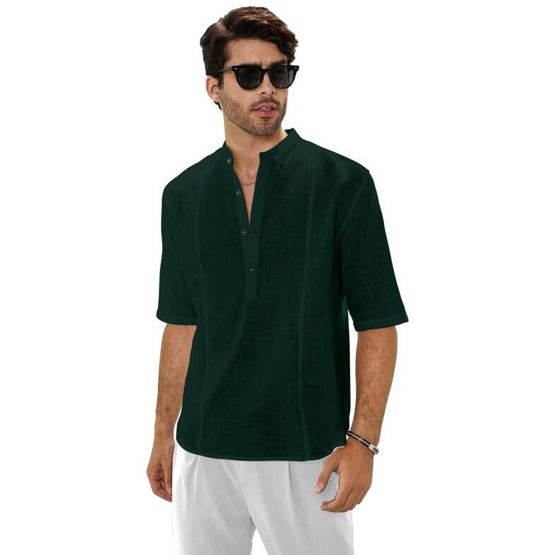 Be Active Men's Solid 100% Cotton Short Kurta With Mandarin Collar || 3/4Th Sleeves Short Kurta For Men Cotton || Stylish Short Kurta || Short Kurta Men (Cpl0149-5-Xxl) Green