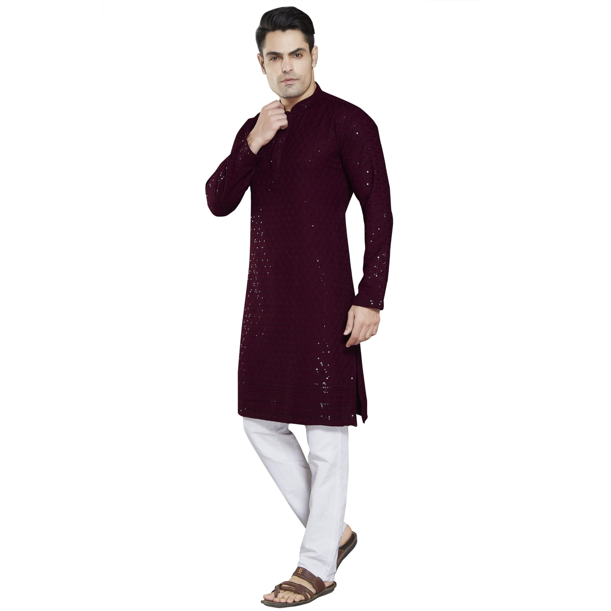 Divisive Men's Sequince Embroidered Cotton Blend Slim Fit Kurta Pyjama Set (Dkrt24_S_Burgundy)