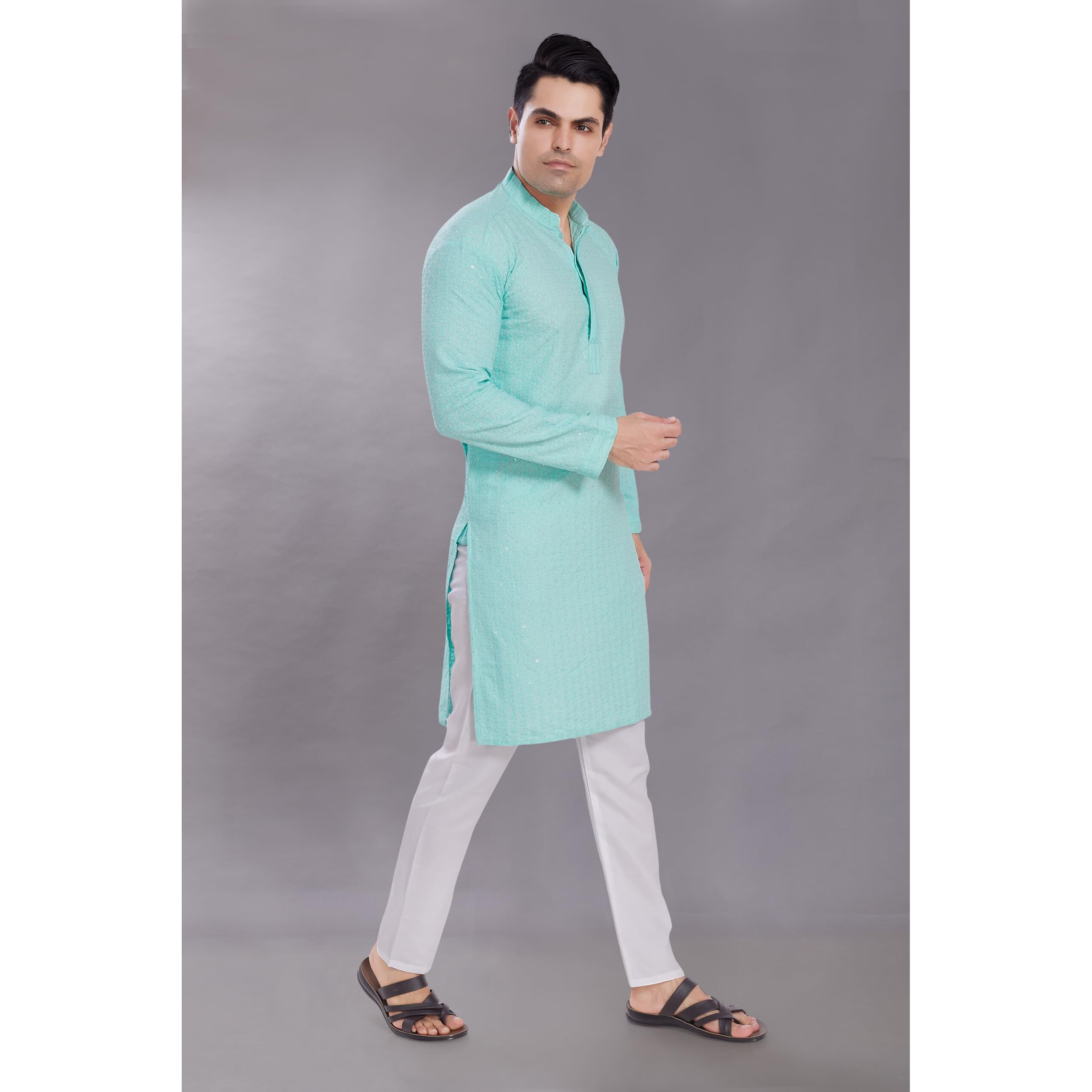 Divisive Men's Sequince Embroidered Cotton Blend Only Slim Fit Kurta (Dkrt511_Xl_Sky)