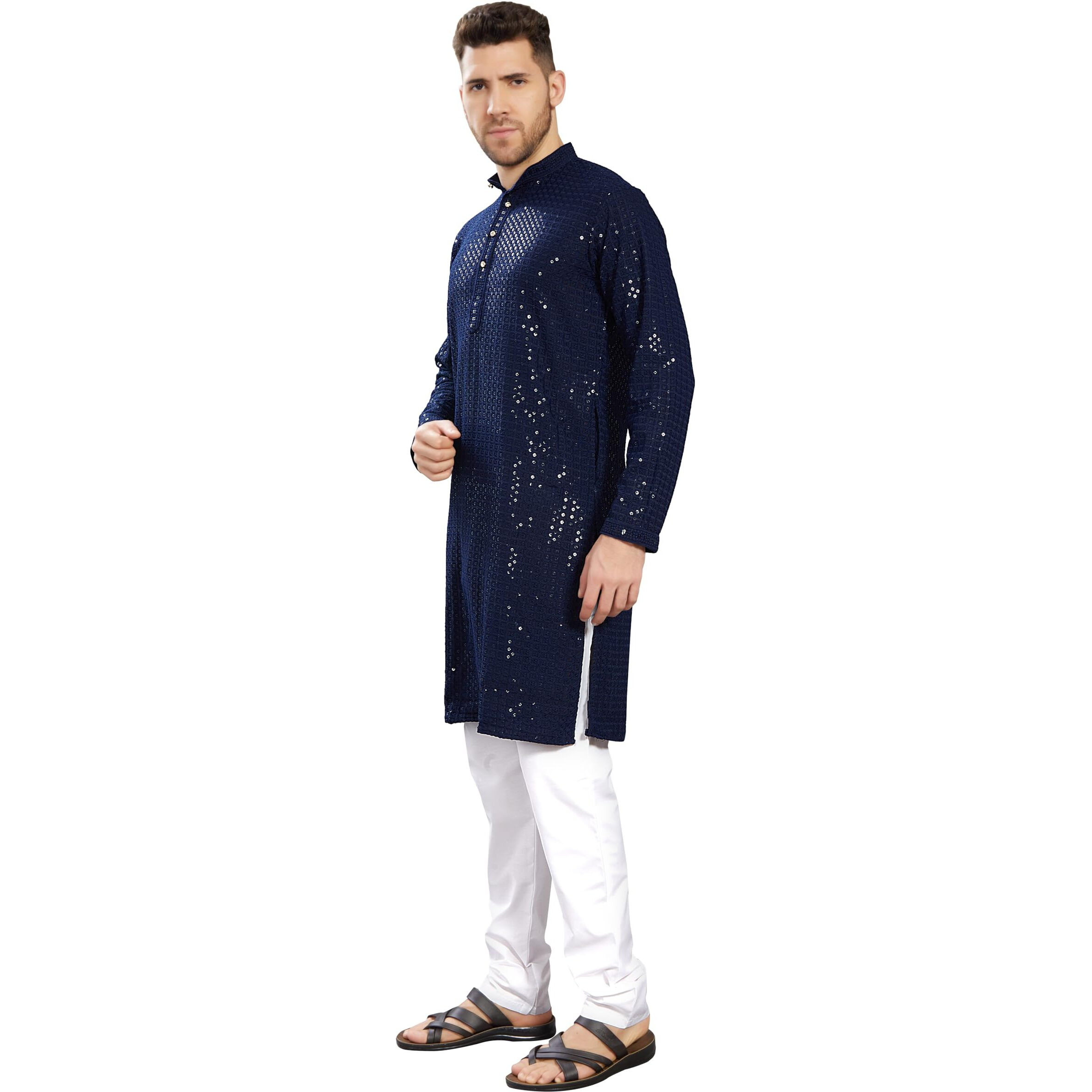 Divisive Men's Sequince Embroidered Cotton Blend Slim Fit Kurta Pyjama Set (Dkrt1003_L_Navy)
