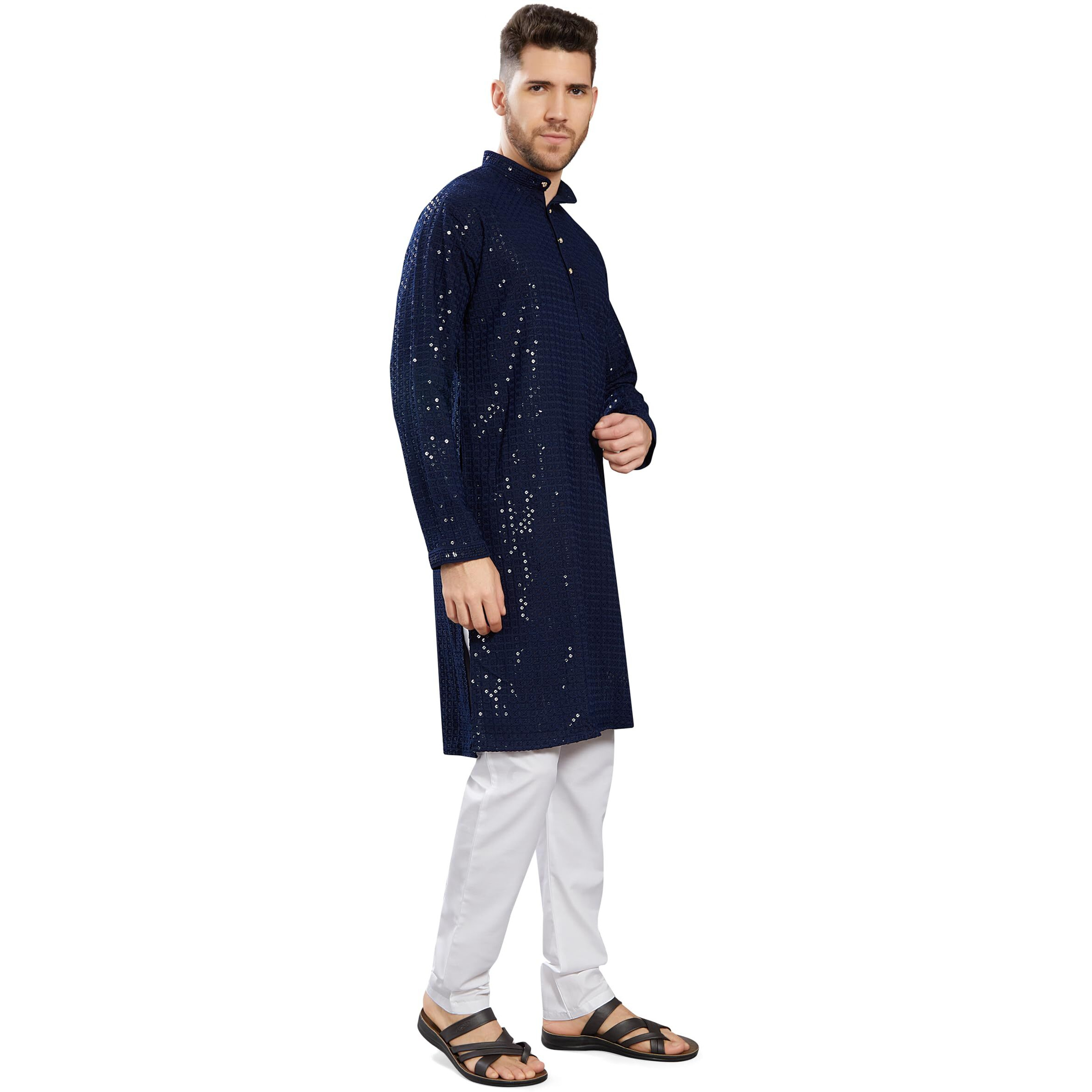 Divisive Men's Sequince Embroidered Cotton Blend Slim Fit Kurta Pyjama Set (Dkrt1003_L_Navy)