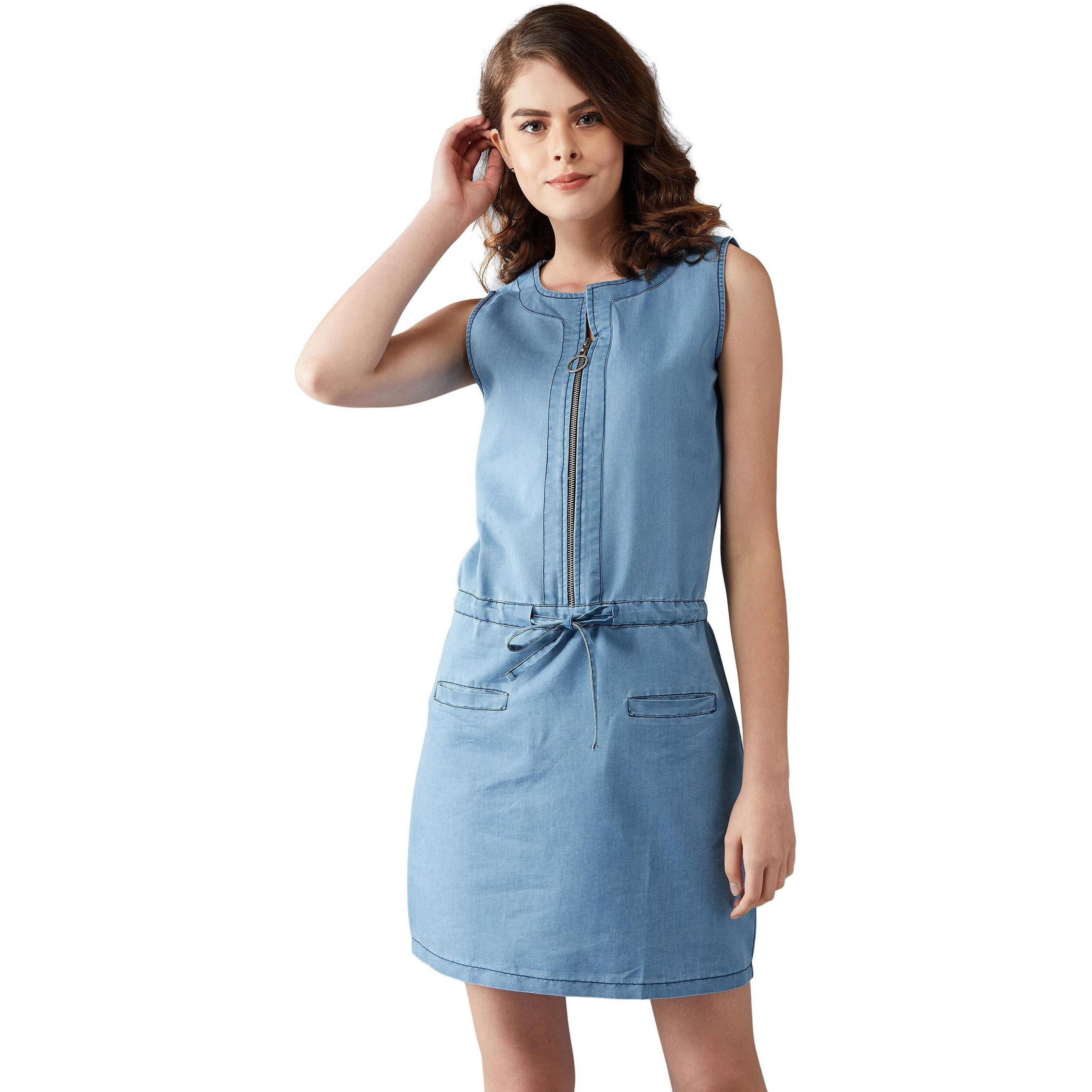 Dolce Crudo Women's Light Blue Solid Denim Dress(Doaw18Den04-25-158-03,Light Blue,Small)