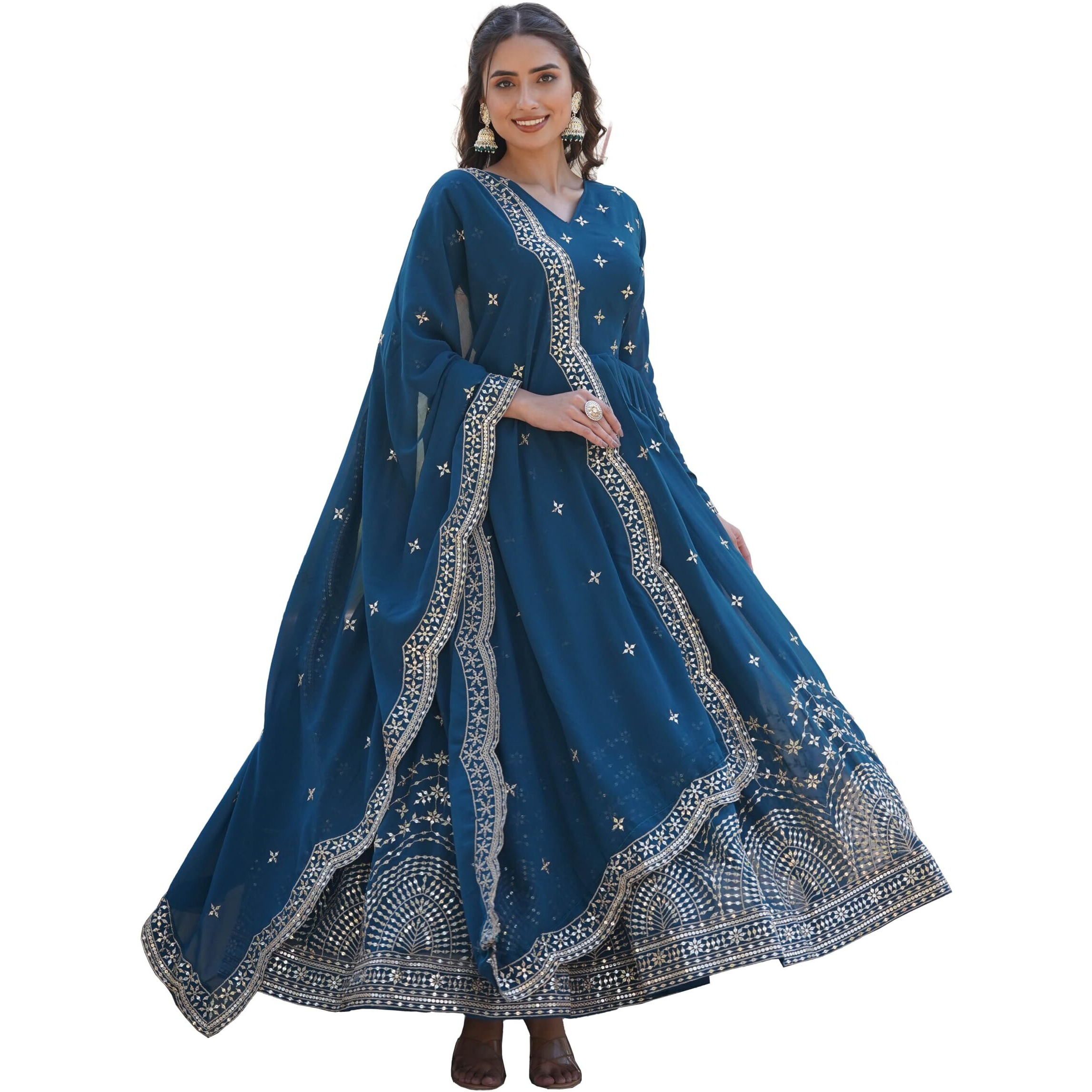 Fashion Basket Turquoise Georgette With Sequins Embroidery Anarkali Kurta Set For Women