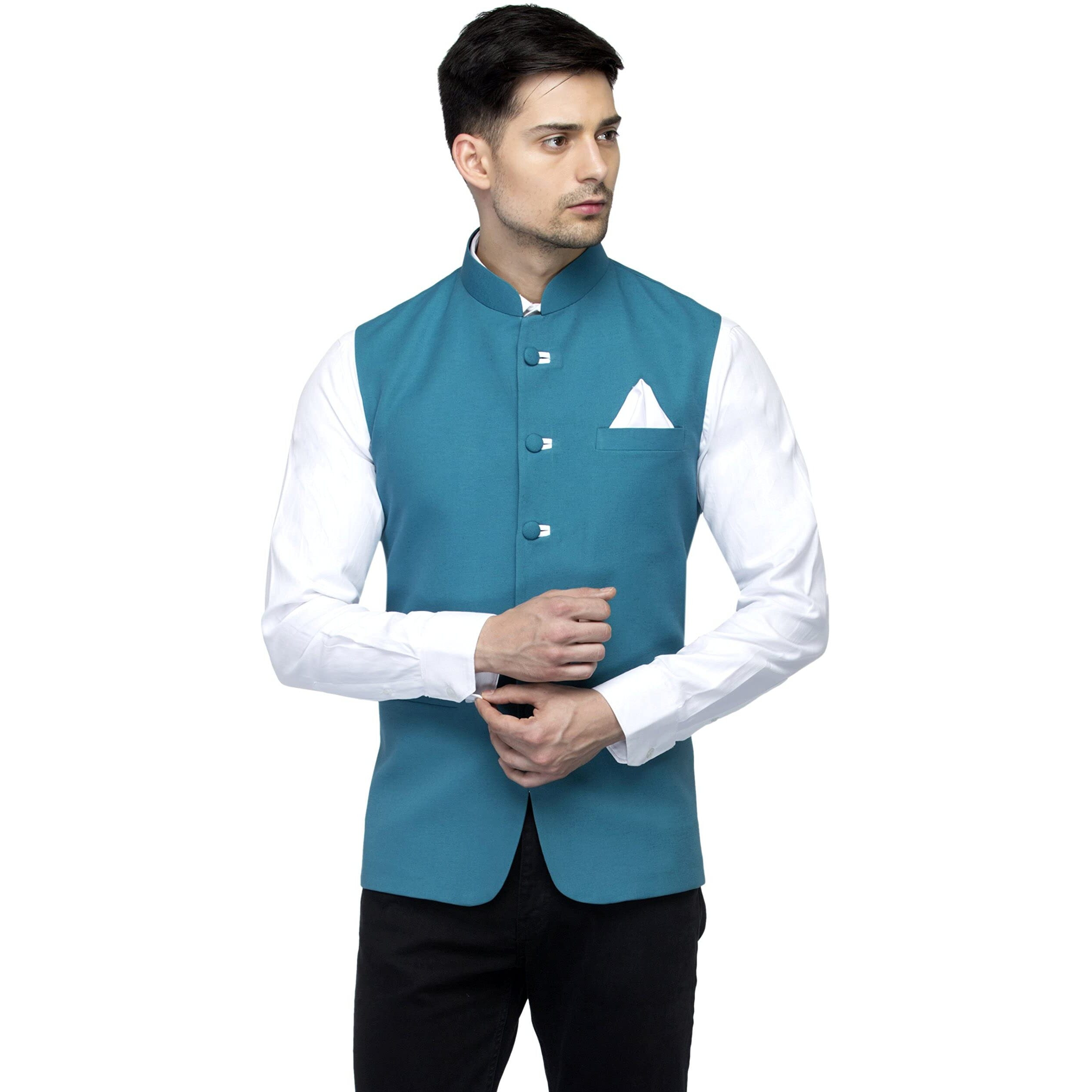 Favoroski Sleeveless Nehru Jacket With Mandarin Collar Waistcoat For Men (Blue_38)