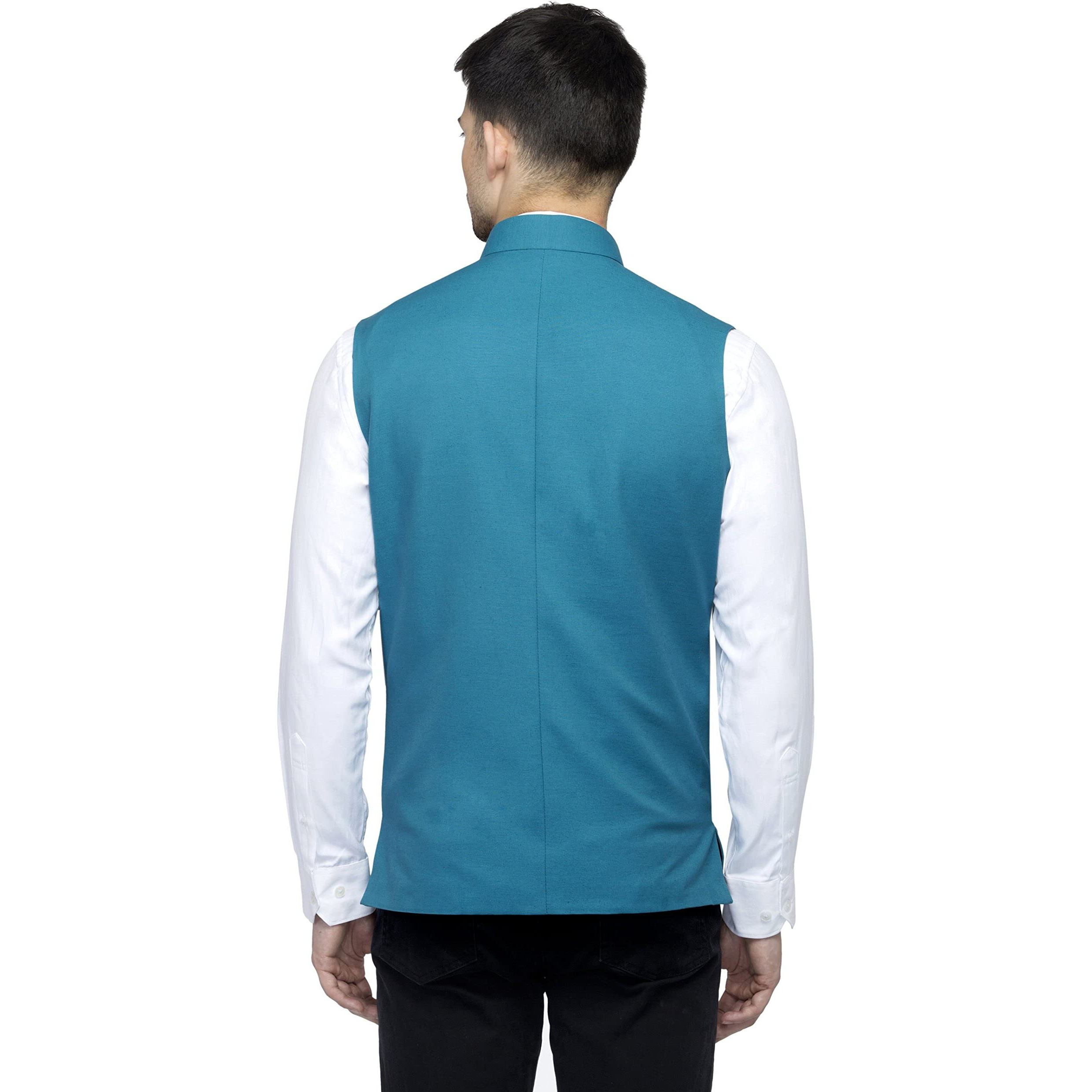 Favoroski Sleeveless Nehru Jacket With Mandarin Collar Waistcoat For Men (Blue_38)