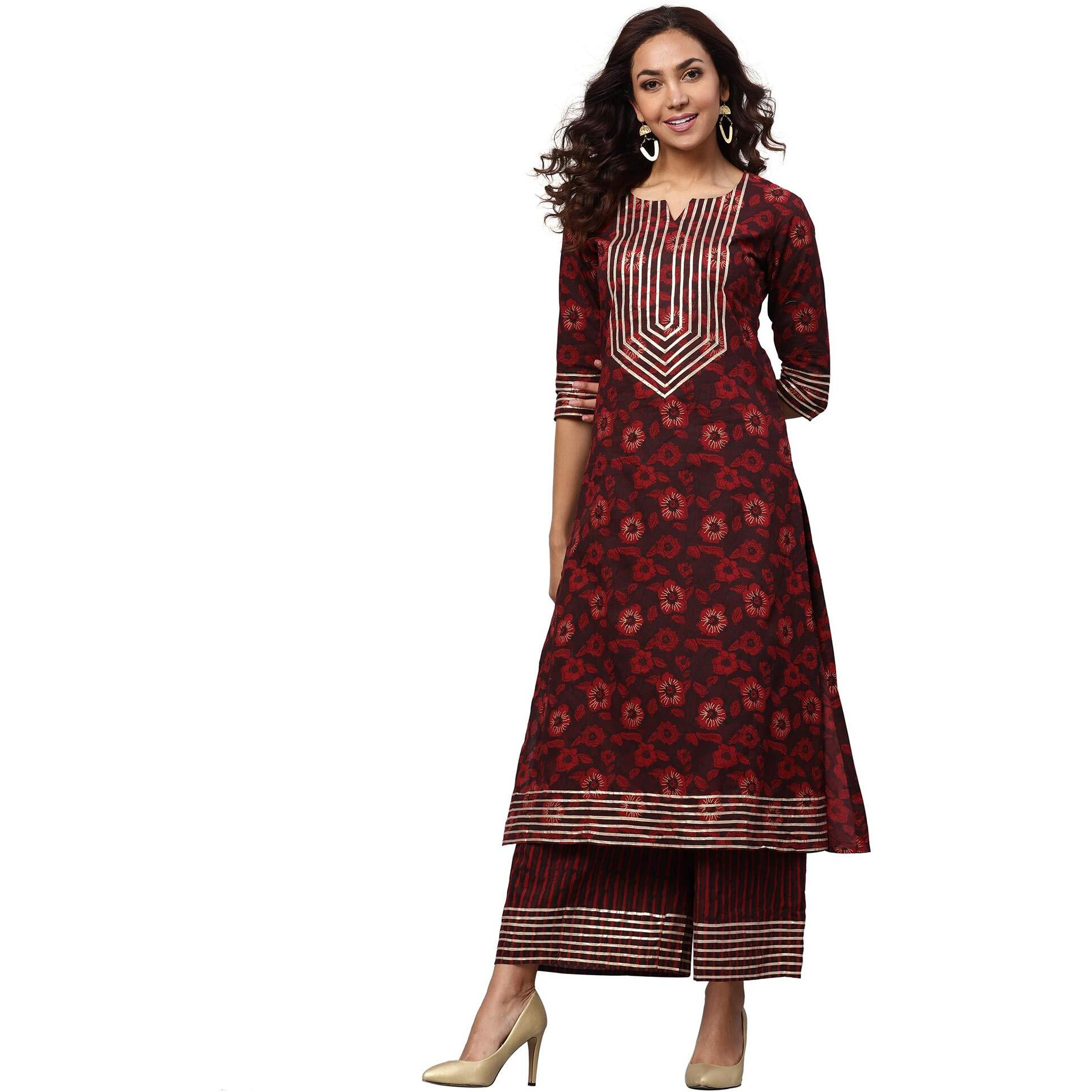 Idalia Maroon Printed Cotton Kurta For Women Straight 3/4 Kurta Set With Palazzo Pant For Women