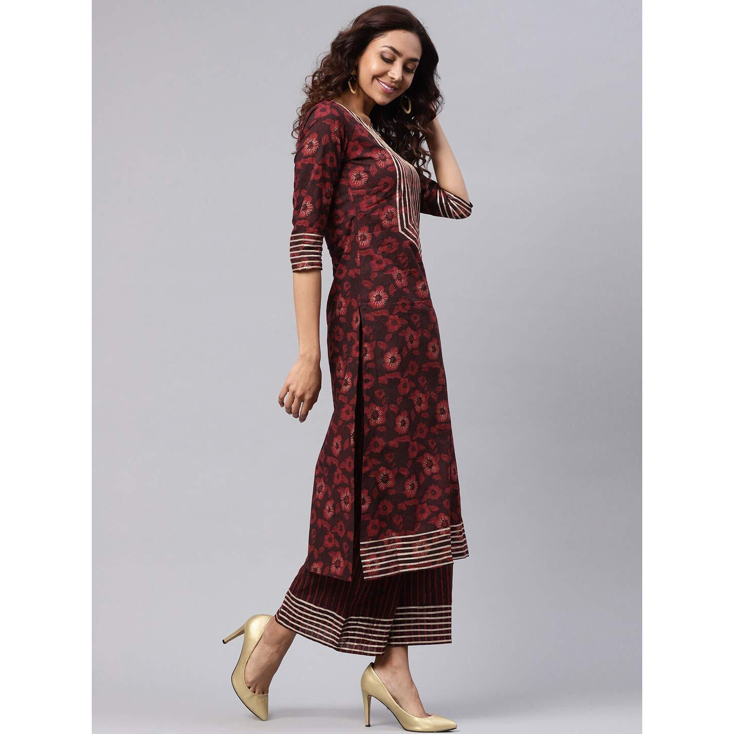 Idalia Maroon Printed Cotton Kurta For Women Straight 3/4 Kurta Set With Palazzo Pant For Women