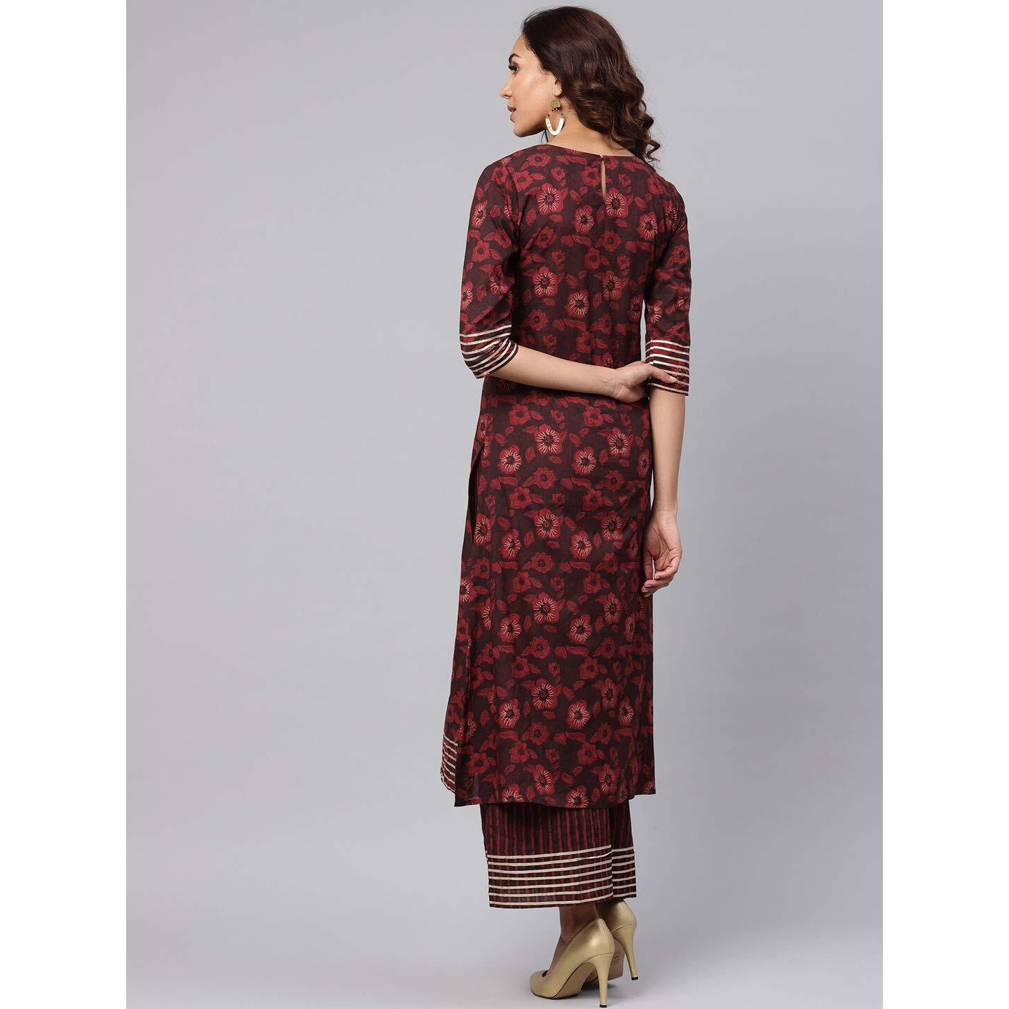 Idalia Maroon Printed Cotton Kurta For Women Straight 3/4 Kurta Set With Palazzo Pant For Women