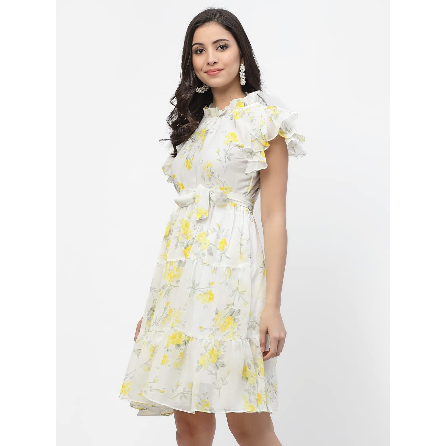 I Enterprise Women's Georgette Fit And Flare Knee-Length Casual Dress (Ak/Ma10S_Yellow