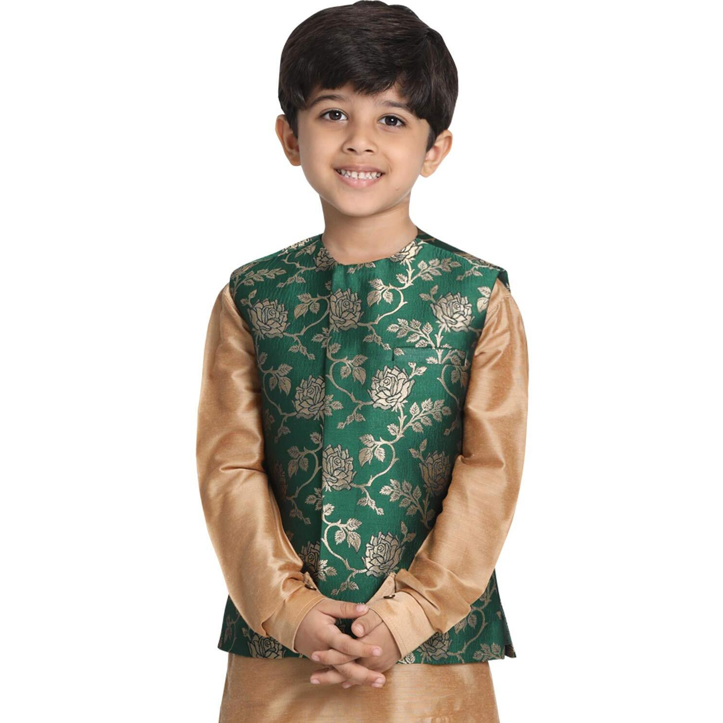Jbn Creation Boys' Forest Green And Zari Gold Silk Blend Nehru Jacket_Jbnbj031Gn_22
