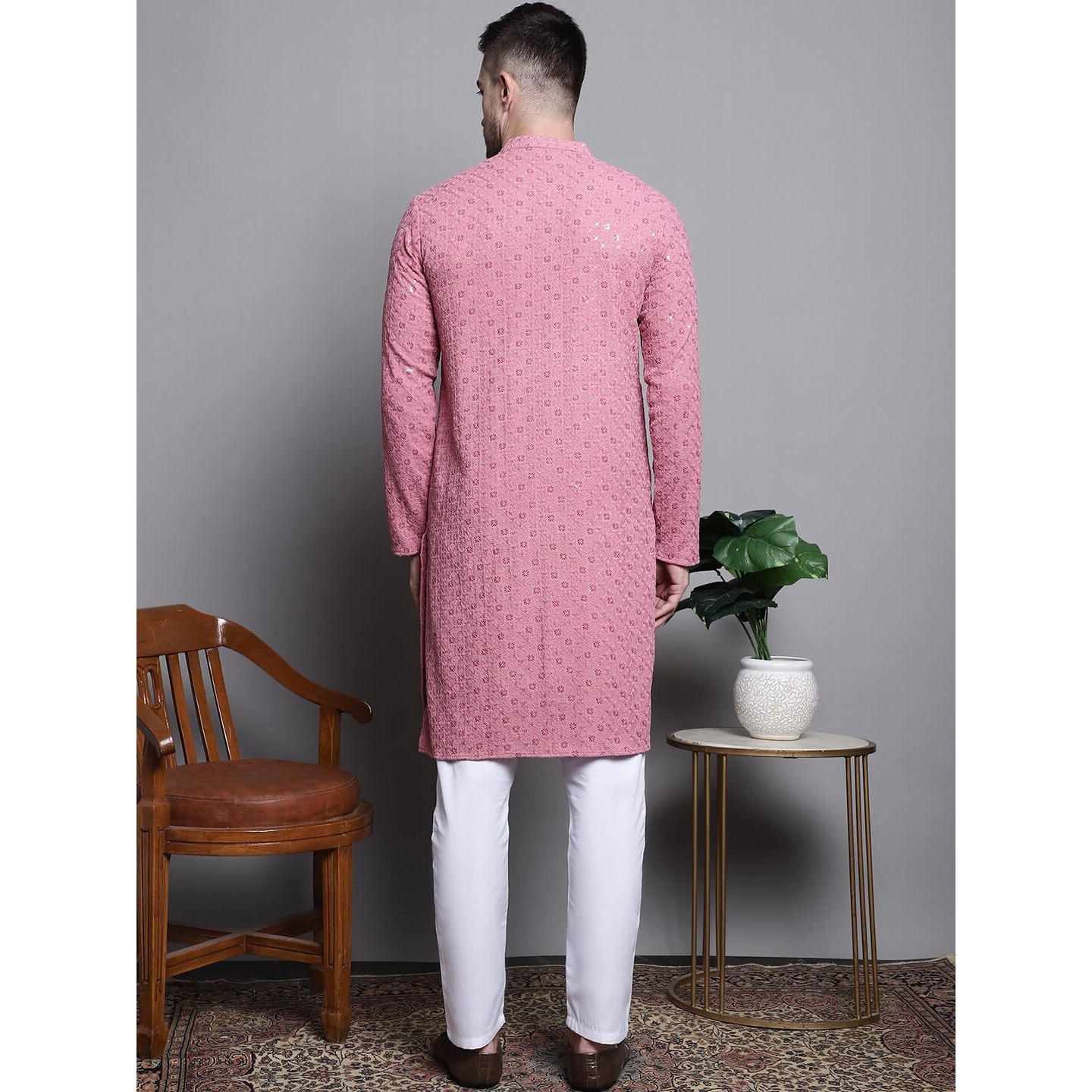 Jompers Men's Sequin Embroidered Pure Cotton Kurta With Pyjamas (Coral, S)