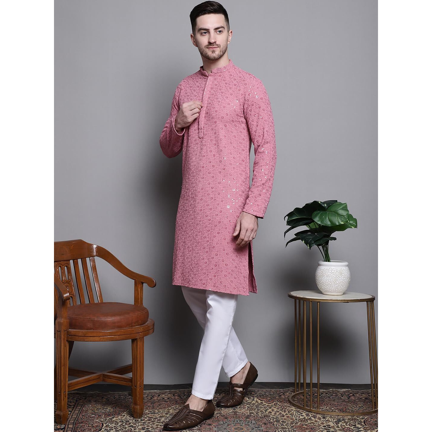 Jompers Men's Sequin Embroidered Pure Cotton Kurta With Pyjamas (Coral, S)