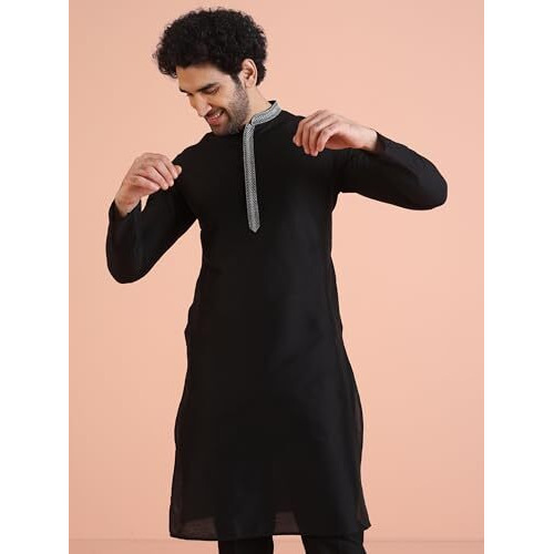 Kisah Men Black Kurta, Cotton, Full Sleaves, Knee Length, Straight, Regular Fit, Mandarin Collar Ethnic Wear-40