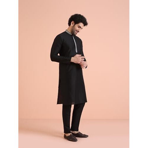 Kisah Men Black Kurta, Cotton, Full Sleaves, Knee Length, Straight, Regular Fit, Mandarin Collar Ethnic Wear-40