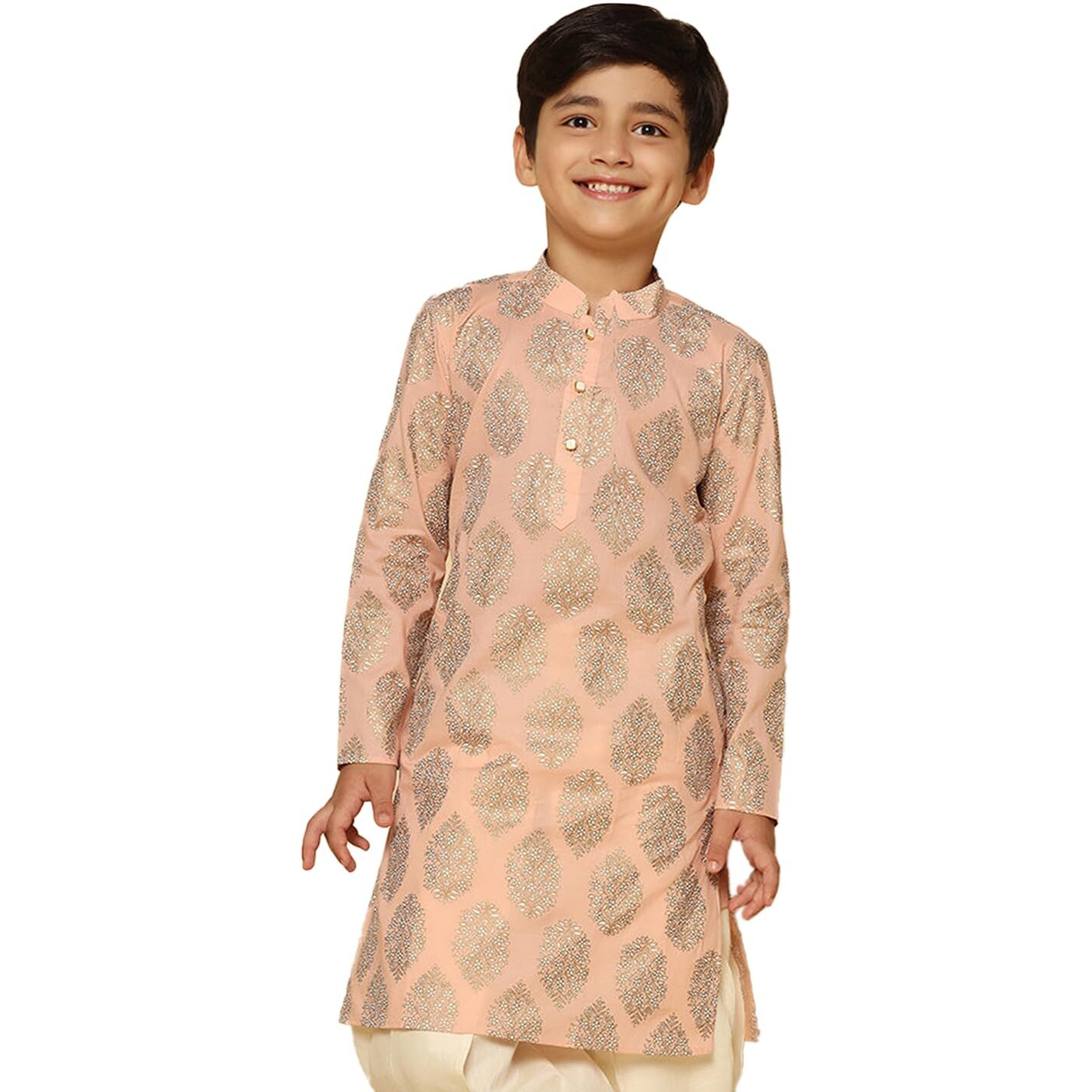 Kisah Boy's Kurta, Peach Cotton Blend, Ethnic Motifs Long Sleeves Regular Fit Mandarin Collar (9-10 Years)