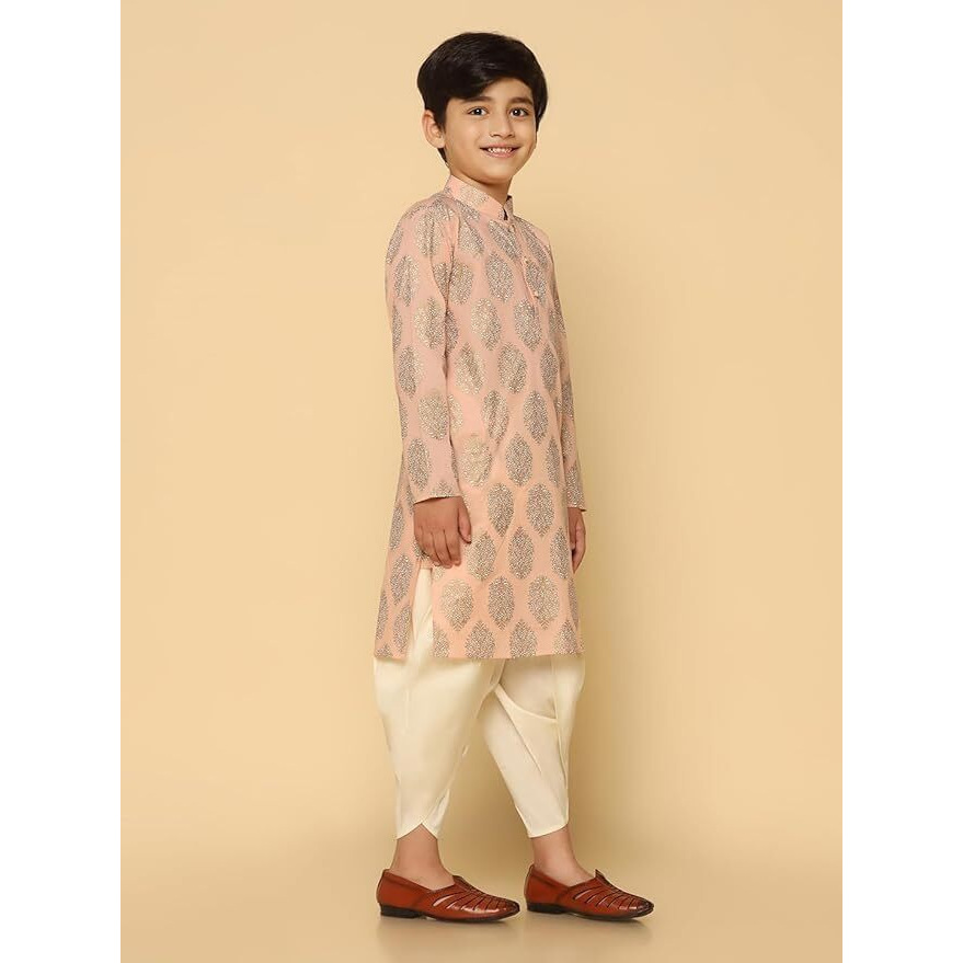 Kisah Boy's Kurta, Peach Cotton Blend, Ethnic Motifs Long Sleeves Regular Fit Mandarin Collar (9-10 Years)