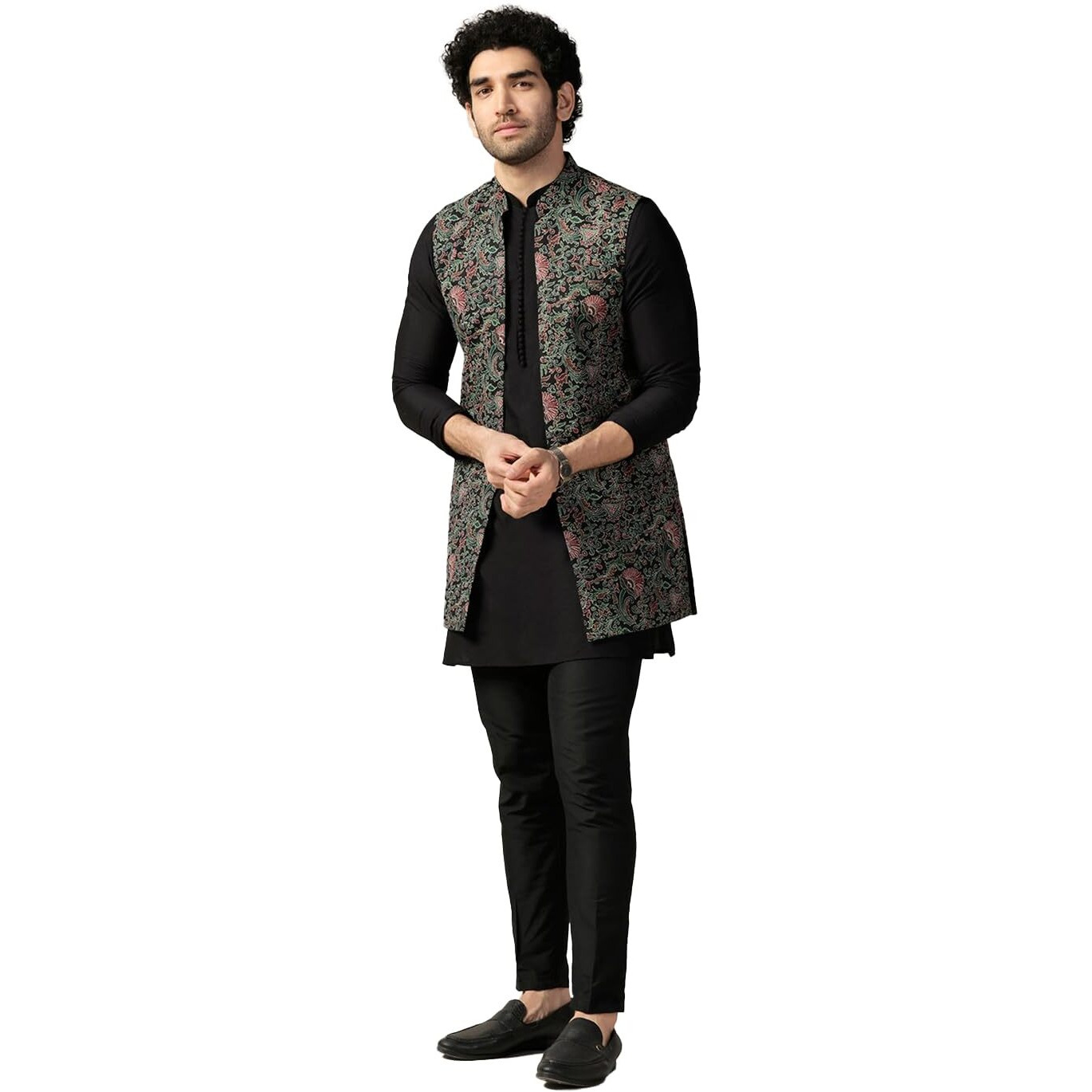 Kisah Men's Kurta Jacket Trouser Set, Multi Cotton Blend, Printed Regular Fit Mandarin Collar Long Sleeves|44