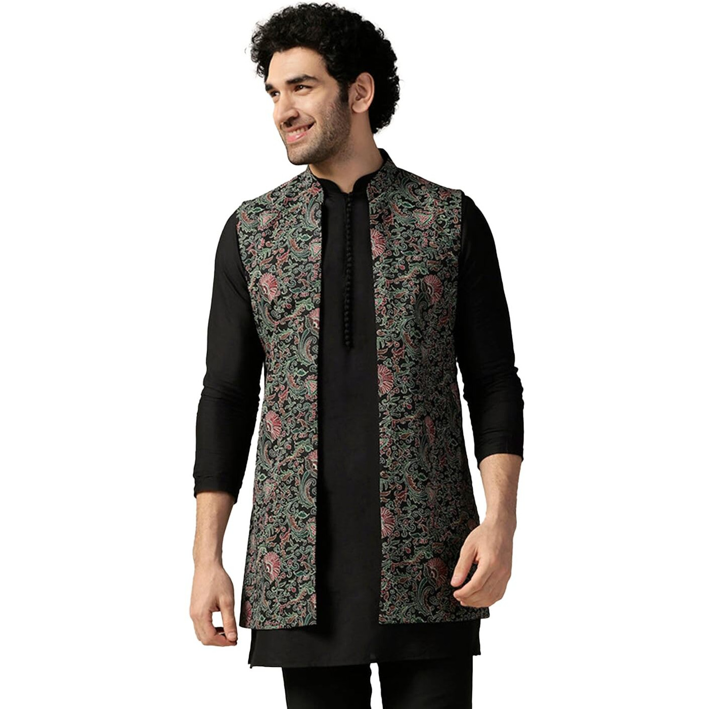 Kisah Men's Kurta Jacket Trouser Set, Multi Cotton Blend, Printed Regular Fit Mandarin Collar Long Sleeves|44