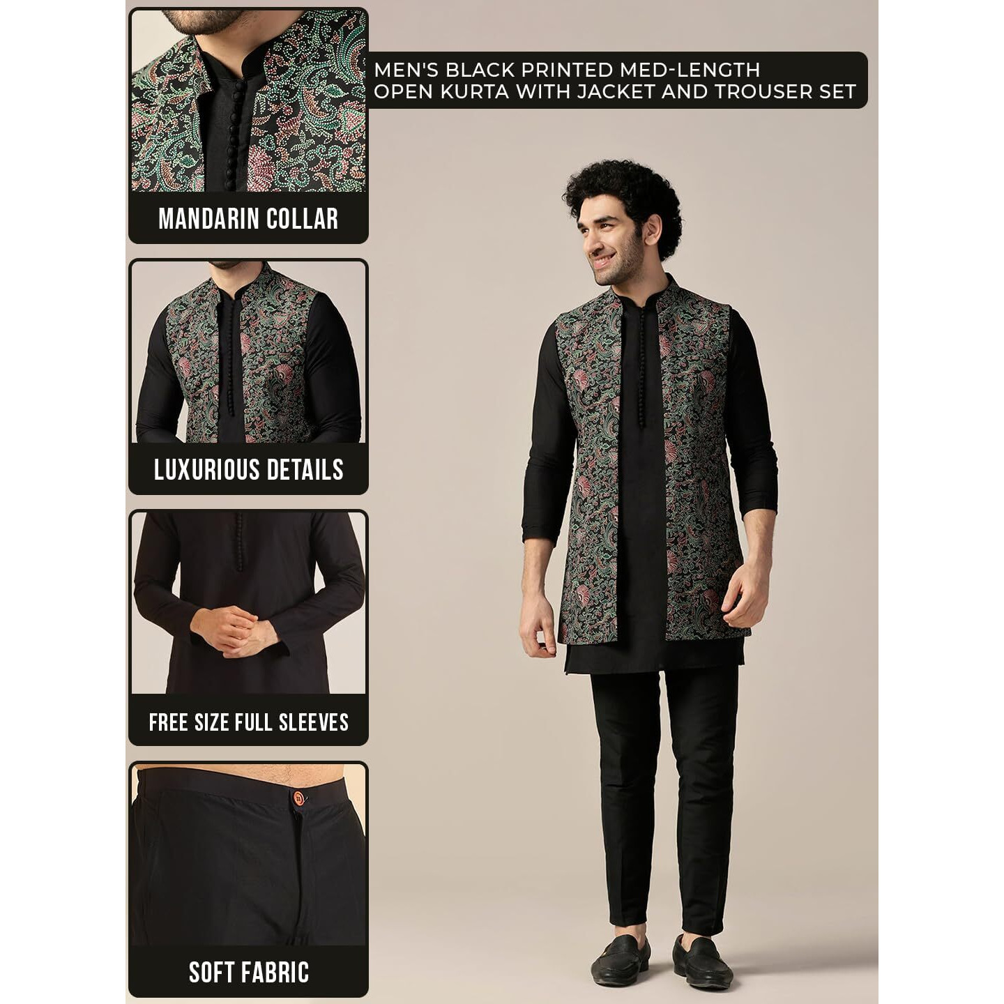 Kisah Men's Kurta Jacket Trouser Set, Multi Cotton Blend, Printed Regular Fit Mandarin Collar Long Sleeves|44