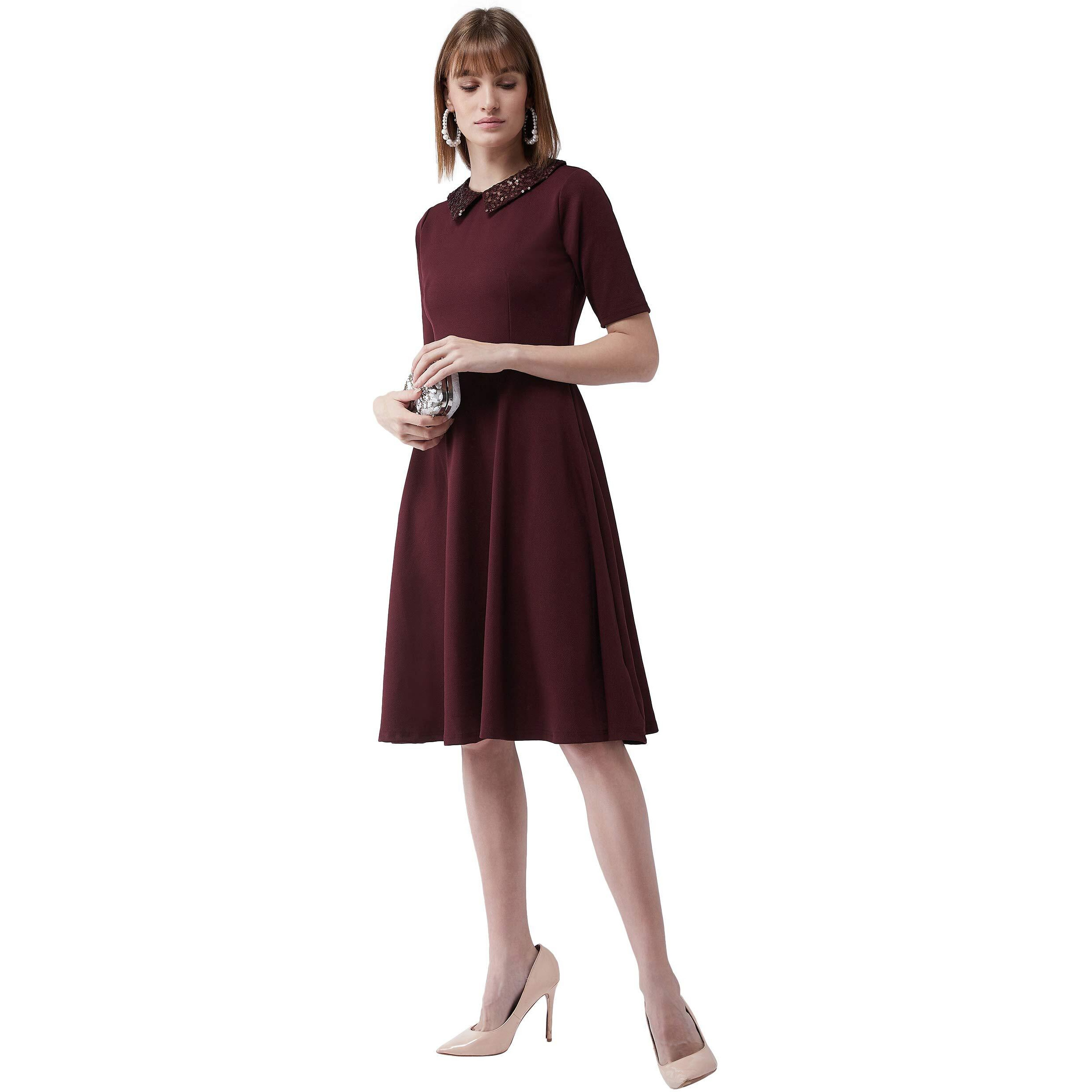 Miss Chase Women's Wine Red Collared Round Neck Half Sleeve Solid Knee-Long Skater Dress With Buttoned Closure (Mcss20D99-43-184-03_Wine Red_S)