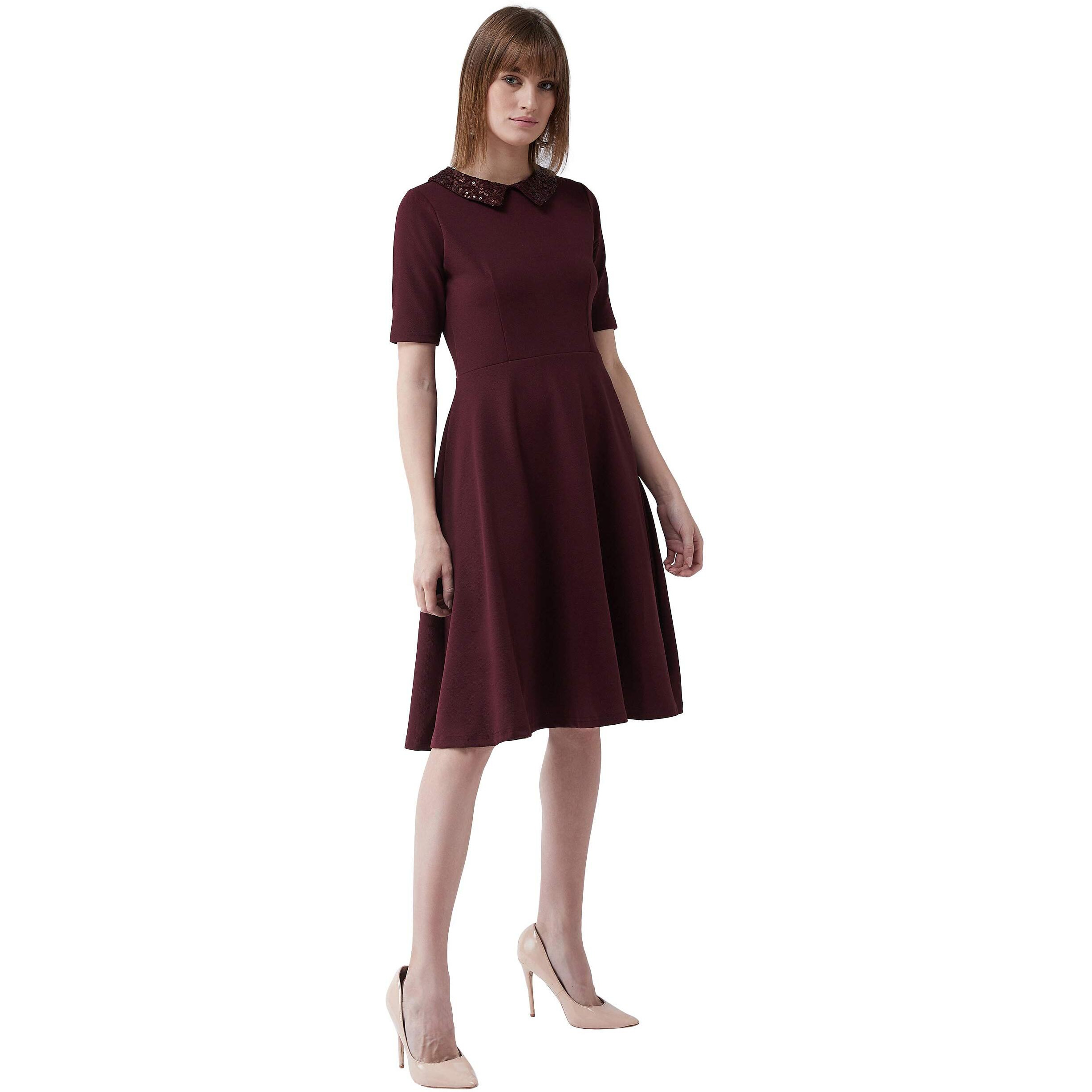 Miss Chase Women's Wine Red Collared Round Neck Half Sleeve Solid Knee-Long Skater Dress With Buttoned Closure (Mcss20D99-43-184-03_Wine Red_S)
