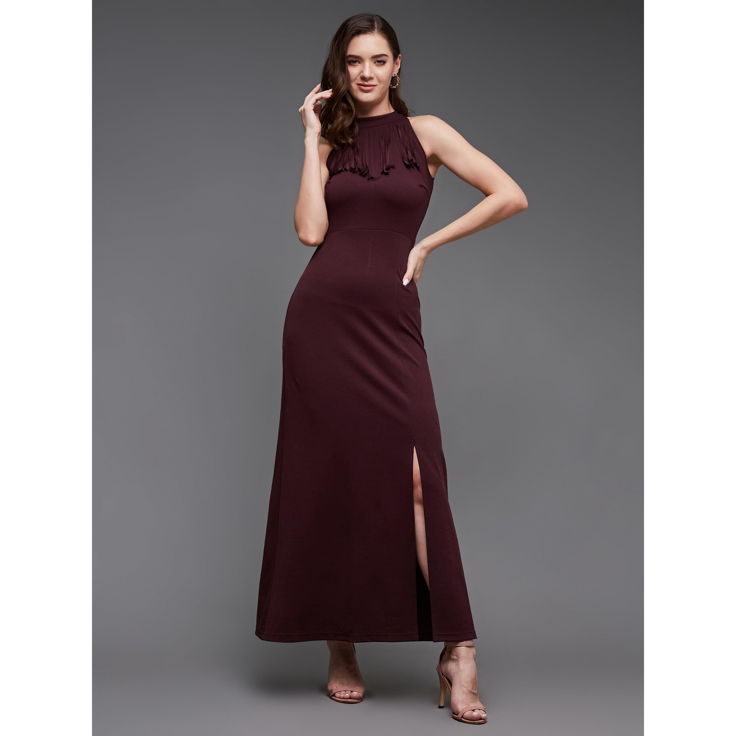 Miss Chase Women's Fringed Halter Neck Sleeveless Solid Front Slit Maxi Dress (Mcss24D97-55-184-05, Wine Red, L)