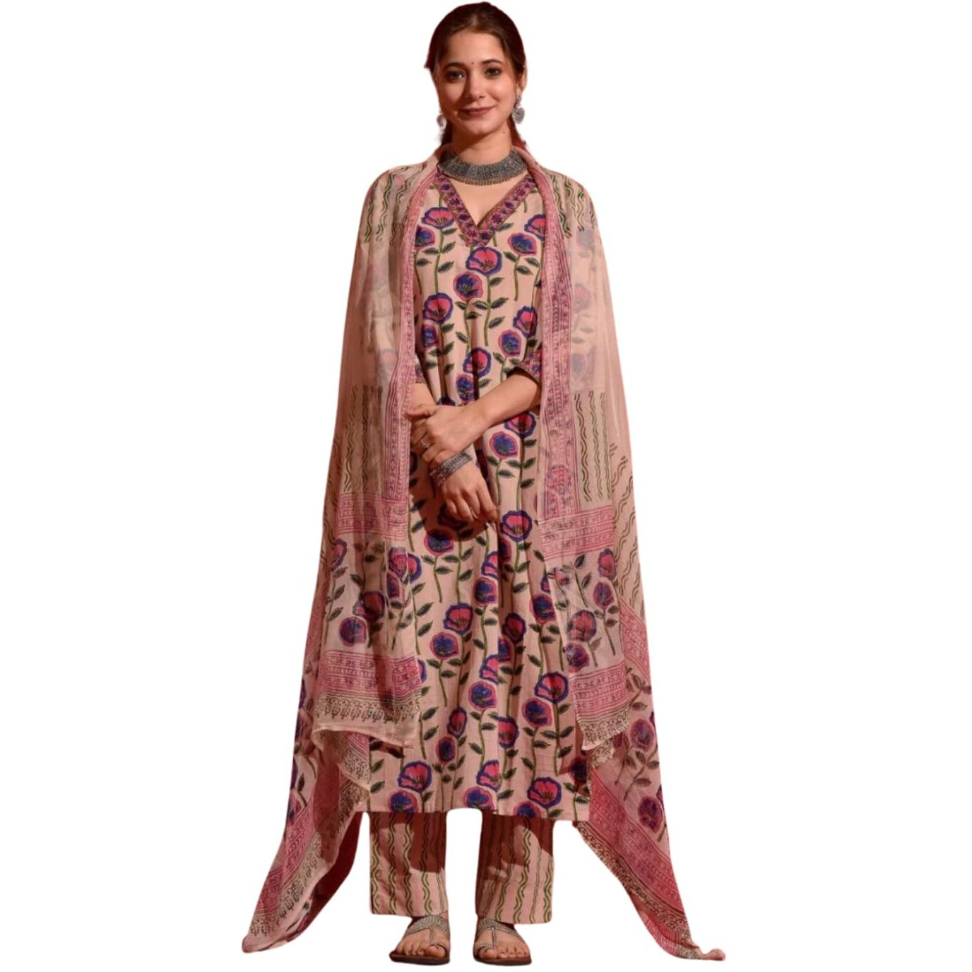 Nainvish Women's Beige Printed Straight Rayon V-Neck Kurta Pant With Dupatta (Sd691_Kbd-S)