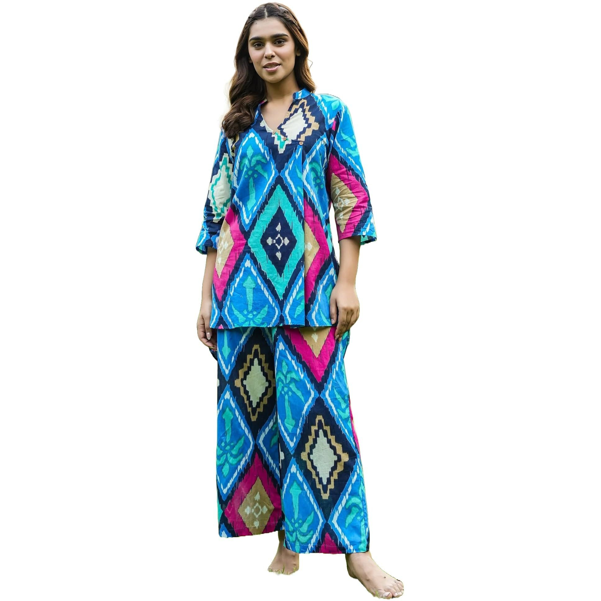 Nermosa Women Co-Ords Set For Women | Kurta Sets | Kurta Pant Set | Coordinate Set | Summer Suit | Printed Short Kurti With Pant Set | (In, Alpha, S, Blue)
