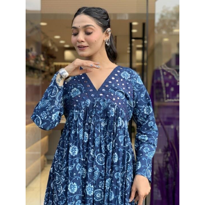 Nermosa Women Printed Anarkali Kurta And Pant Set With Dupatta (In, Alpha, S, Blue)
