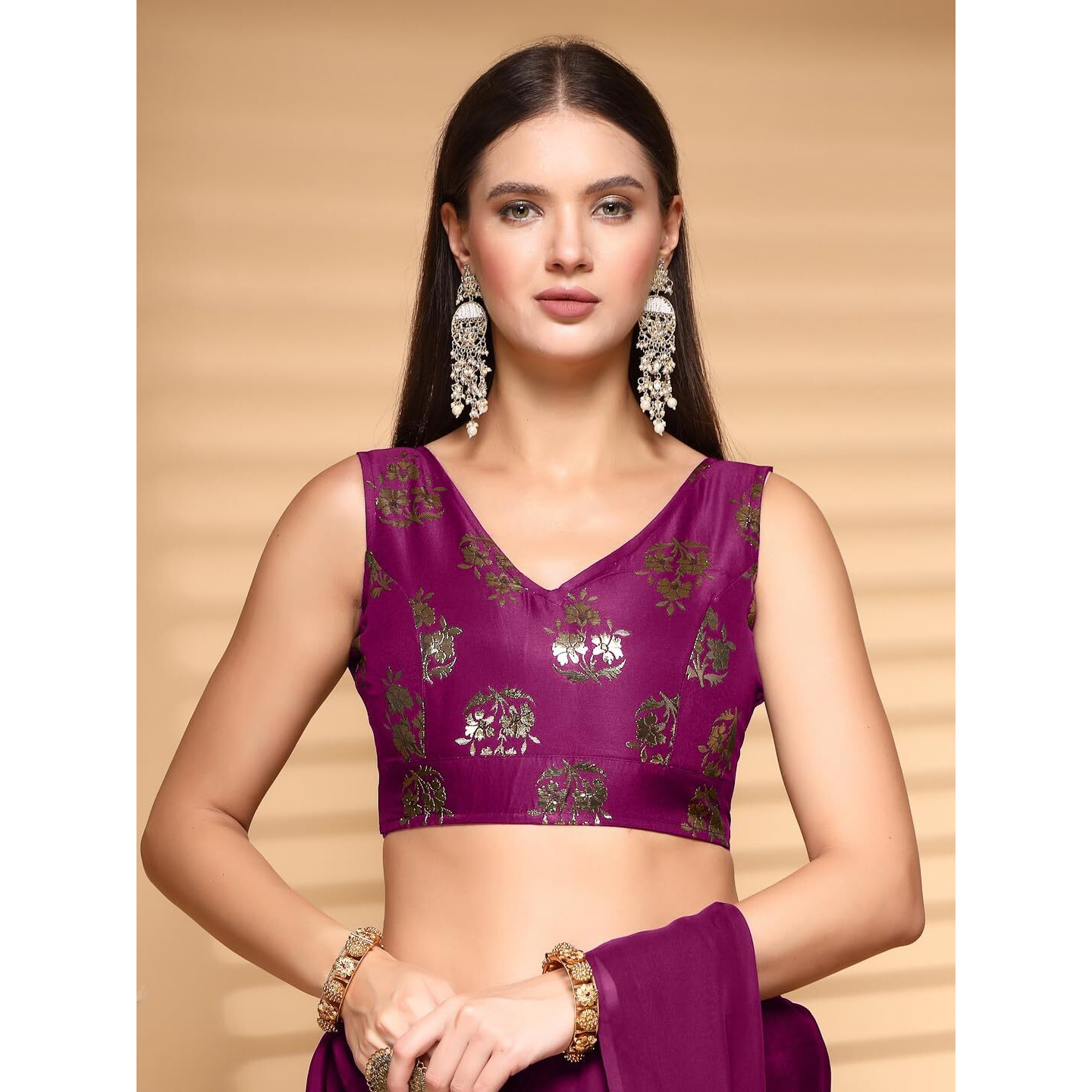 Oomph Readymade Blouse For Women, Brocade, Sleeveless, V-Neck, Rbbl671