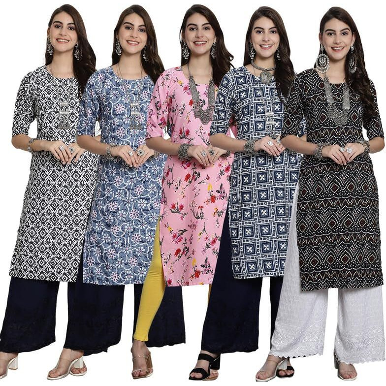 Pinkmint Crepe Printed Kurti For Womens College Wear Kurti Festival Wear Kurti For Women (Pack Of 5)