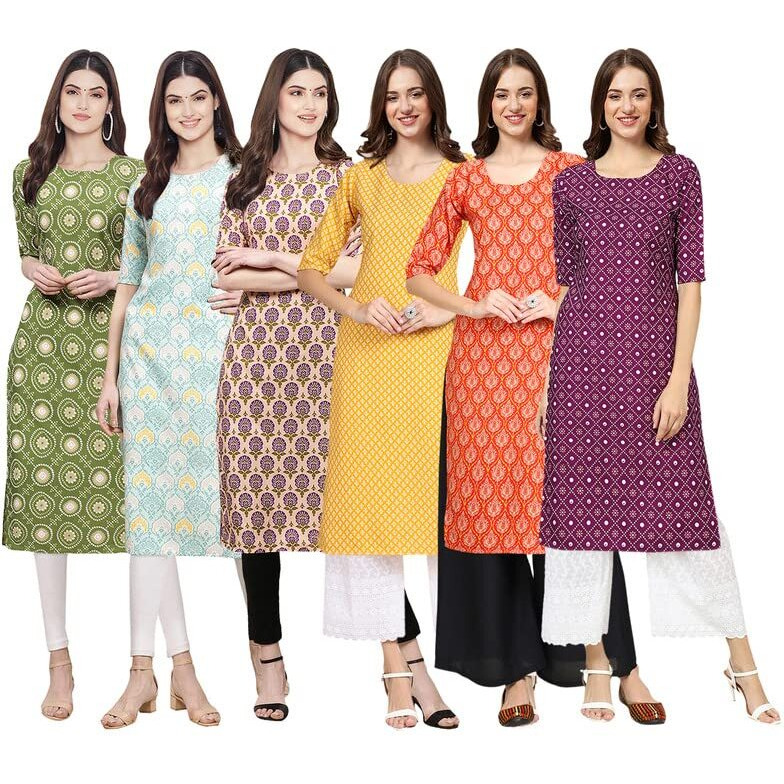 Pinkmint Women's Crepe Digital Print Straight Kurta [Pack Of 6](Qv-338-343-332-350-354-355-L)