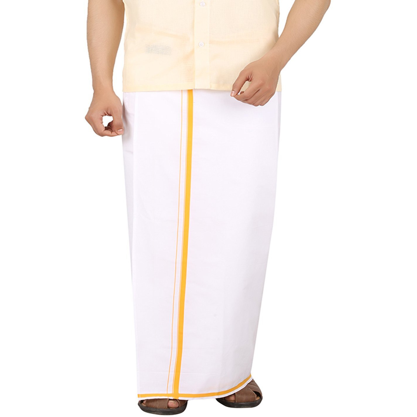 Prakasam Cotton White With Orange Border Single Dhoti For Men (1.28X2.00 Mtrs)