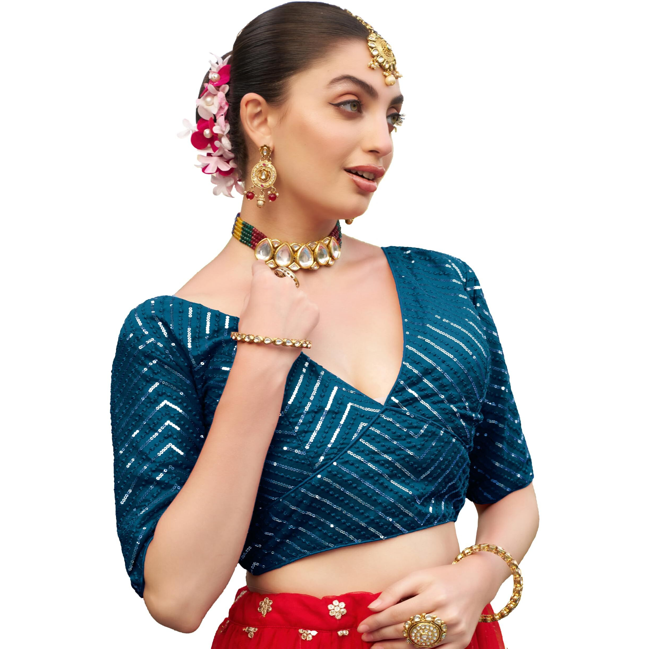 Pujia Mills Womens Fancy Readymade Half Sleeve Sequins Saree Blouse (Morpeach, 38)