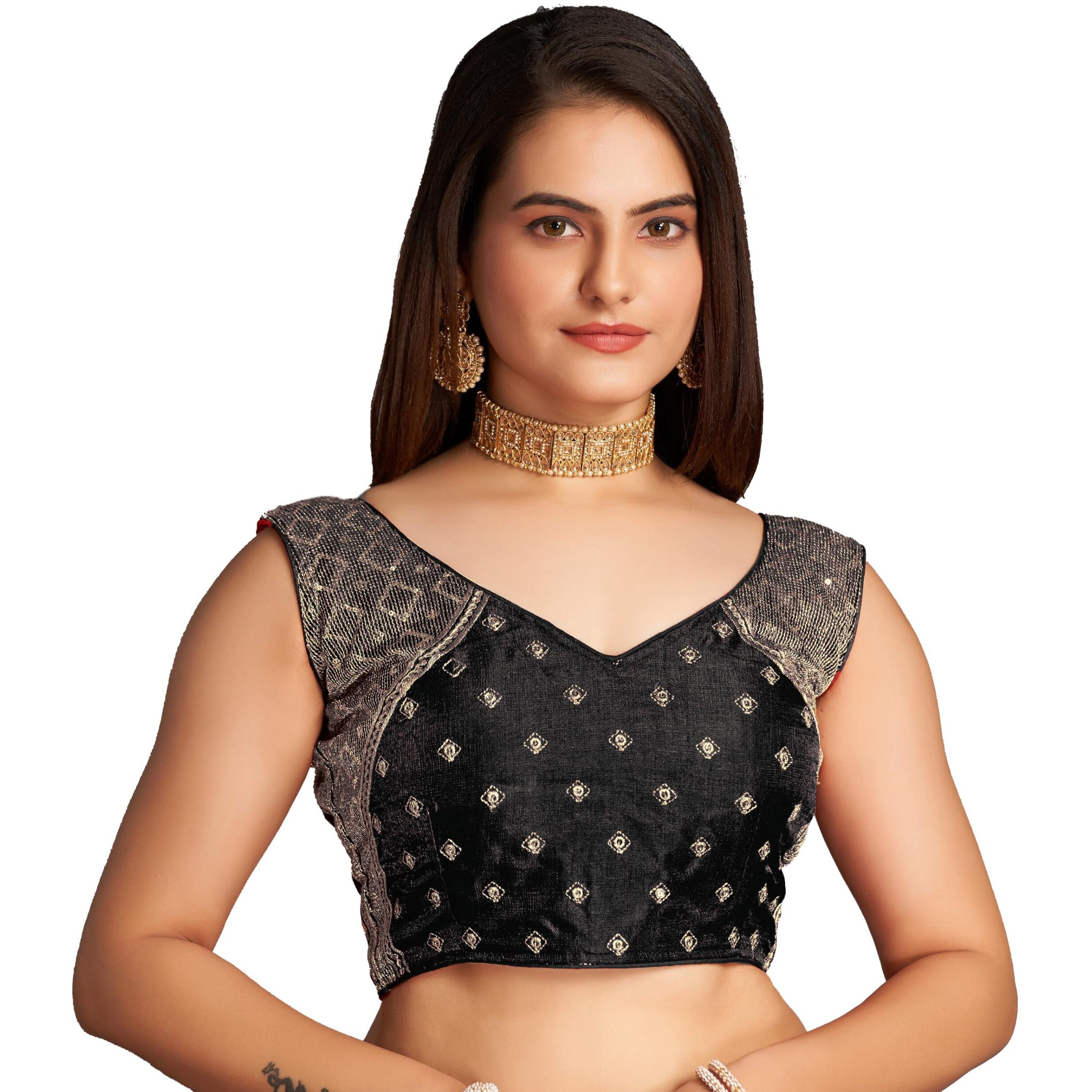 Pujia Mills Women's Sequin Embroidered V Neck Sleeveless Black Readymade Saree Blouse Indian Ethnic Stitched Padded Blouses For Women