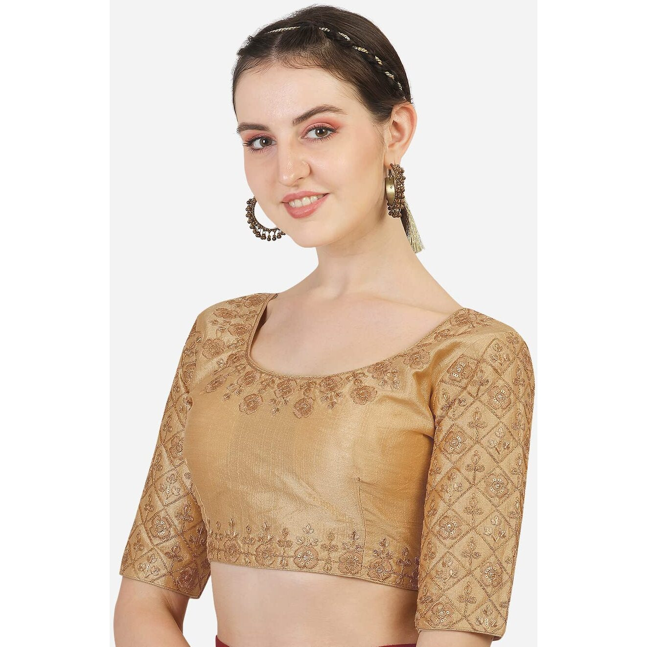 Pujia Mills Women's Phantom Silk Floral Half Sleeve Saree Blouse (Mbb_Gold_38 Size+Margin)