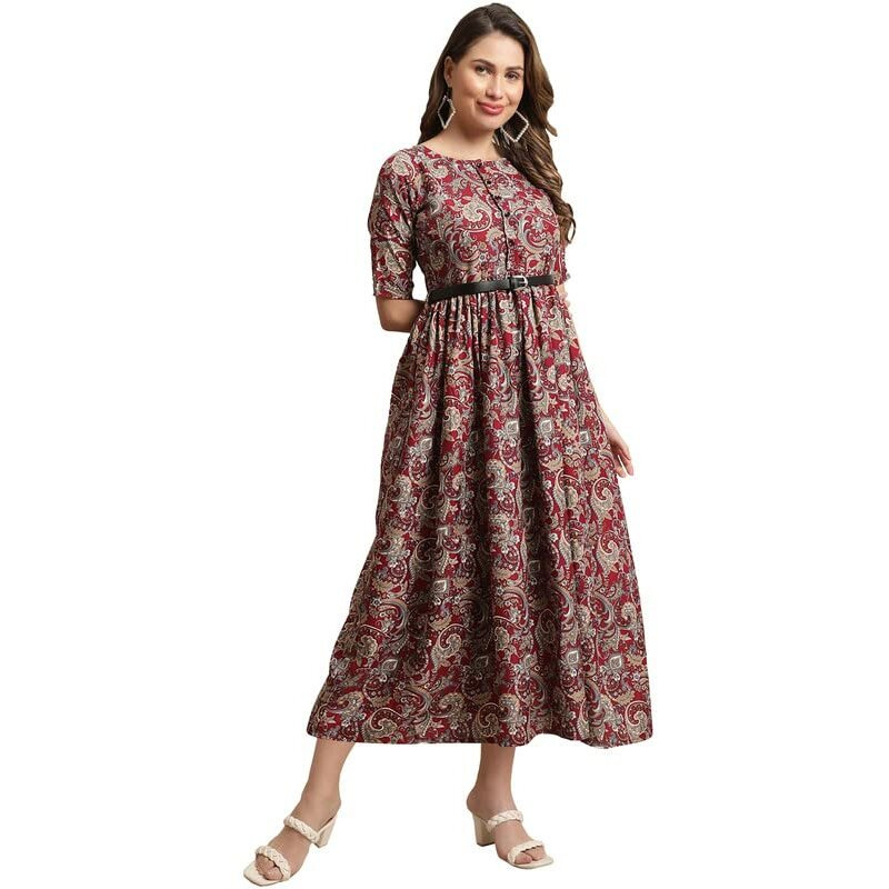 Preneum Women's Georgette Floral Printed 3/4 Slevees A-Line Fit & Flare Gown With Beltindo-Western Ethnic Gown || A-Line Maxi Dress Casual Wear || Fit & Flare Flared Hem Design, Red, M