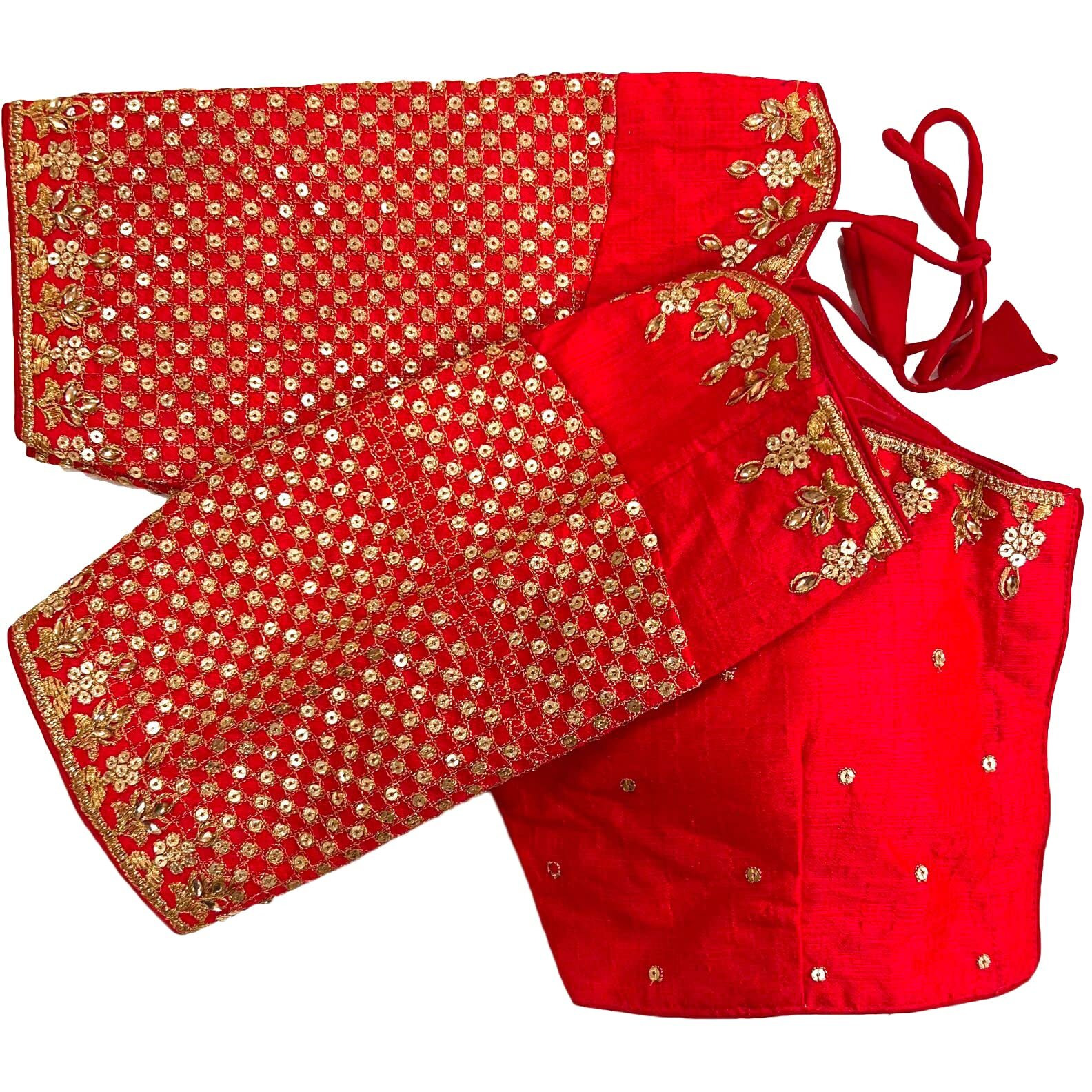 Pujia Mills Women's Heavy Embroidery With Sequins Work Half Sleeves Fancy Readymade Saree Blouse.(Tulsi Red)