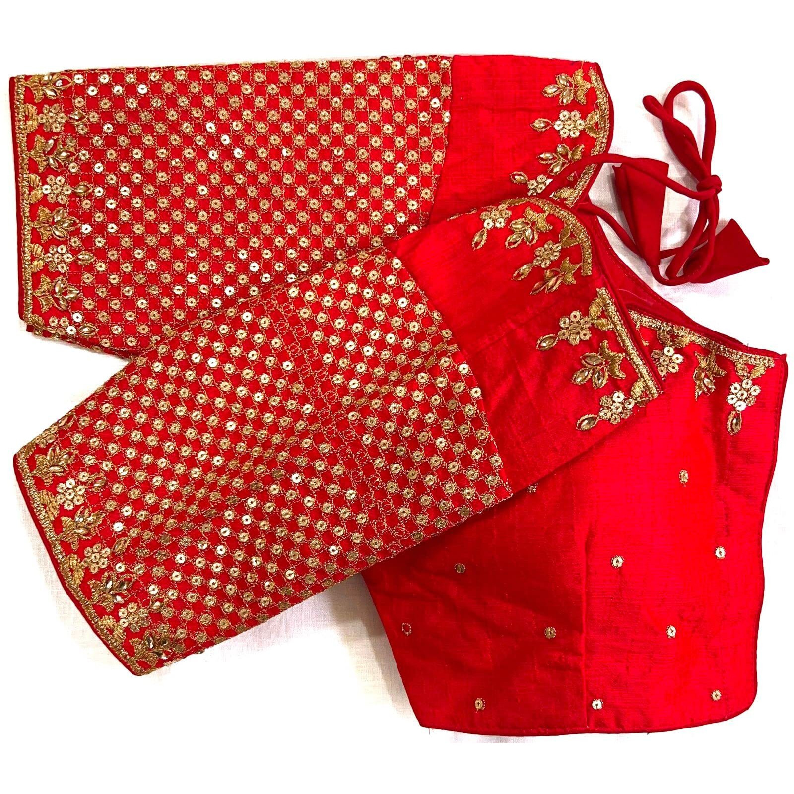 Pujia Mills Women's Heavy Embroidery With Sequins Work Half Sleeves Fancy Readymade Saree Blouse.(Tulsi Red)