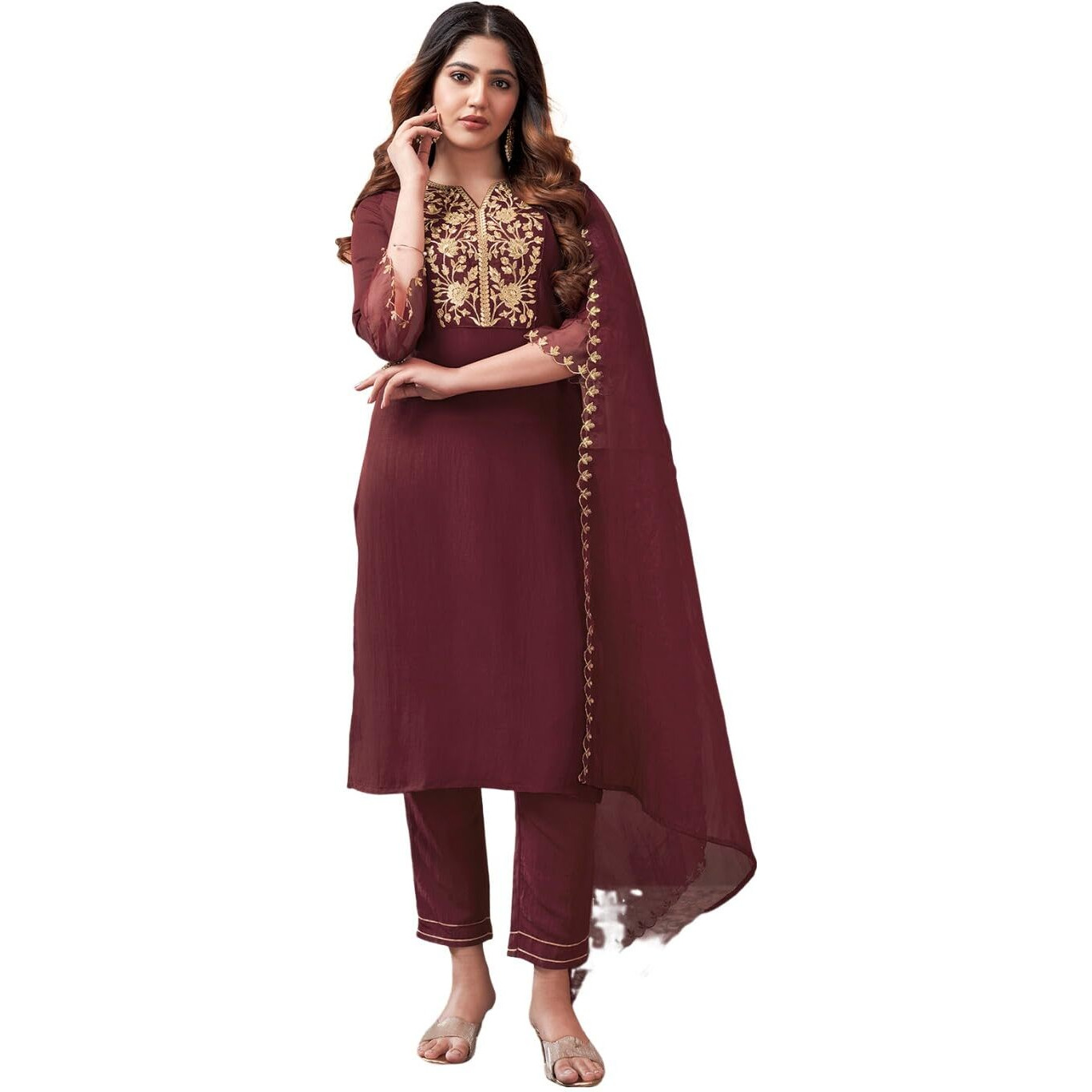 Sanisa Women's Chinnon Embroidery Straight Kurta With Pant And Embroidery Dupatta (38Kbd477Nz-M_Maroon)