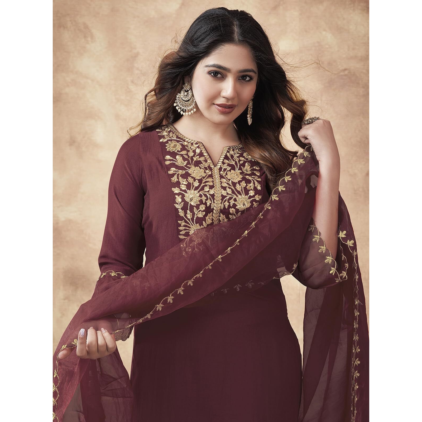 Sanisa Women's Chinnon Embroidery Straight Kurta With Pant And Embroidery Dupatta (38Kbd477Nz-M_Maroon)