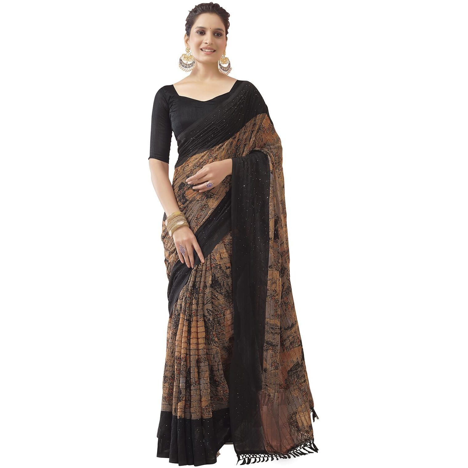 Satrani Women's Georgette Printed & Sequence Woven Work Saree With Unstitched Blouse Piece (3476S711N_Black & Brown & Multi)