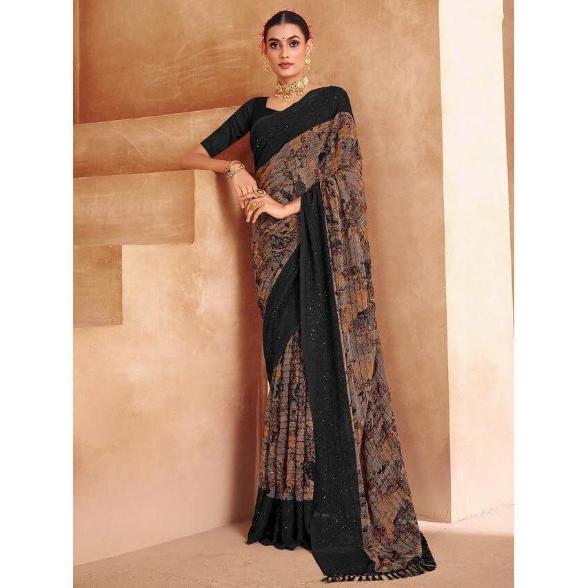 Satrani Women's Georgette Printed & Sequence Woven Work Saree With Unstitched Blouse Piece (3476S711N_Black & Brown & Multi)