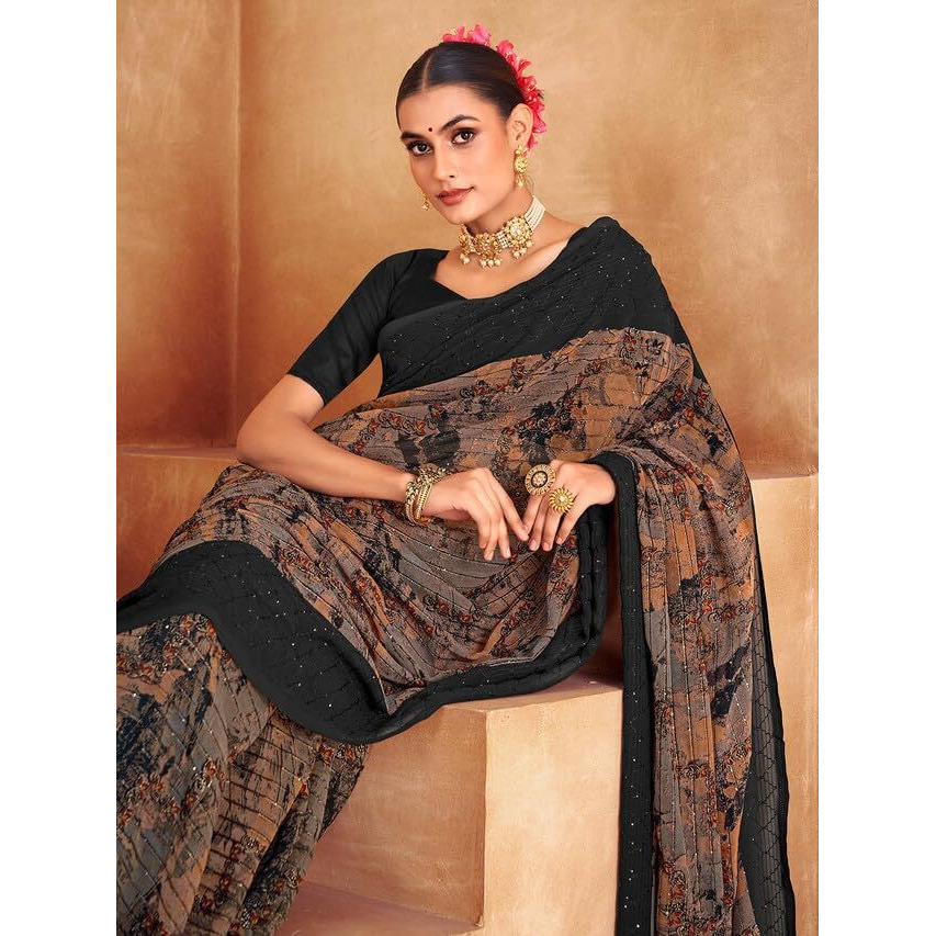 Satrani Women's Georgette Printed & Sequence Woven Work Saree With Unstitched Blouse Piece (3476S711N_Black & Brown & Multi)