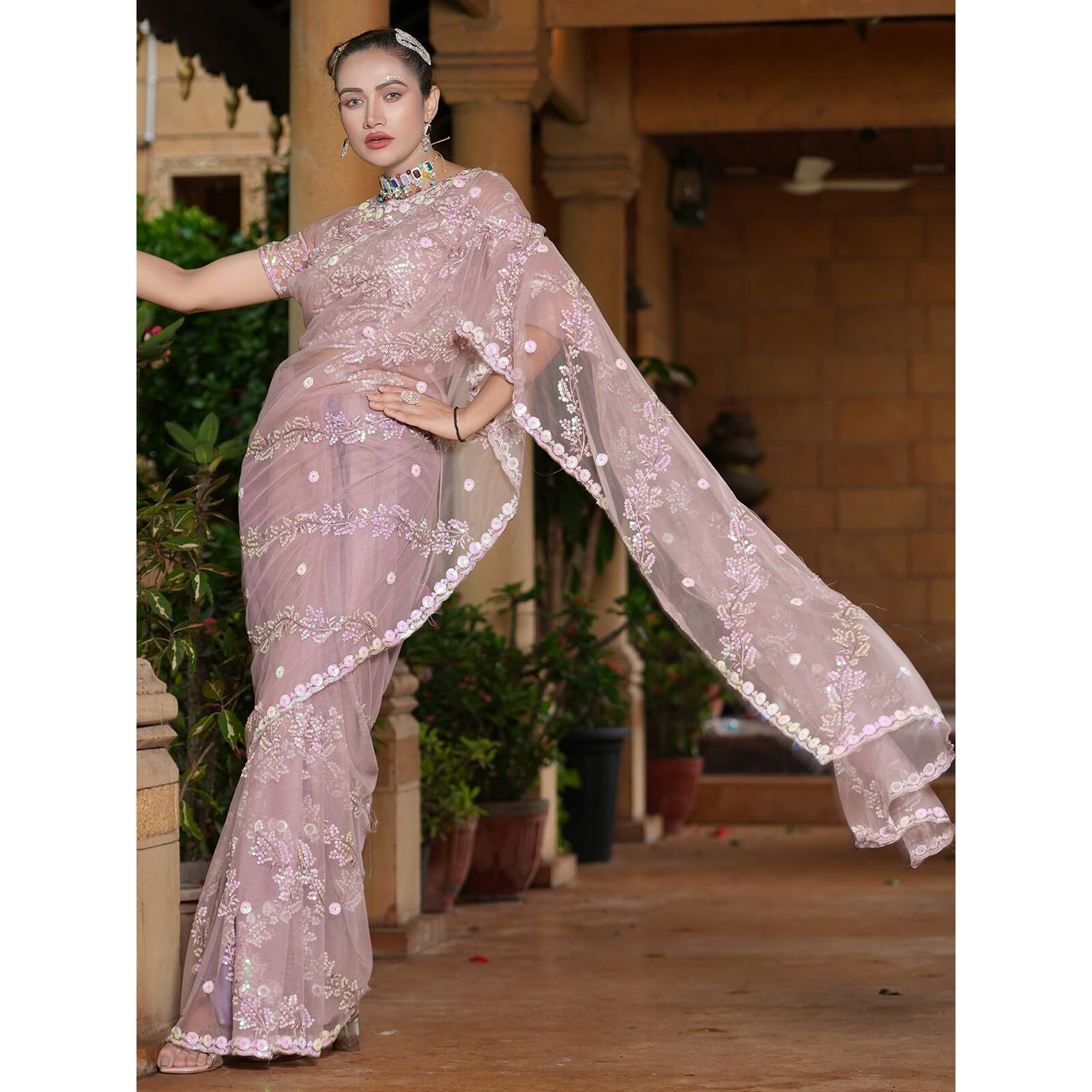 Satrani Women's Net Sequence Embroidery Work Saree With Unstitched Blouse Piece (3187S144N_Dusty Pink)