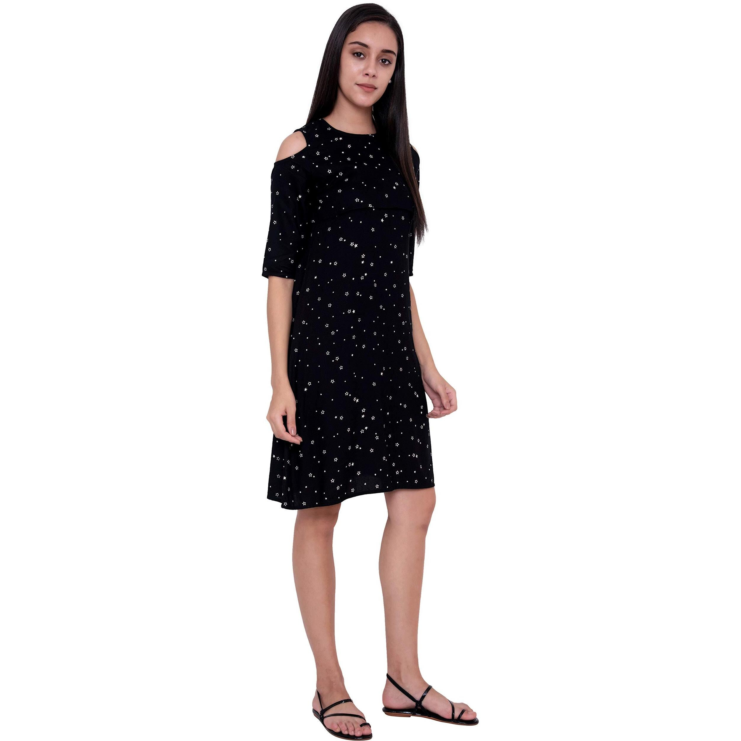 Rytras Women's Rayon Printed A-Line Dress(Black,Xl)